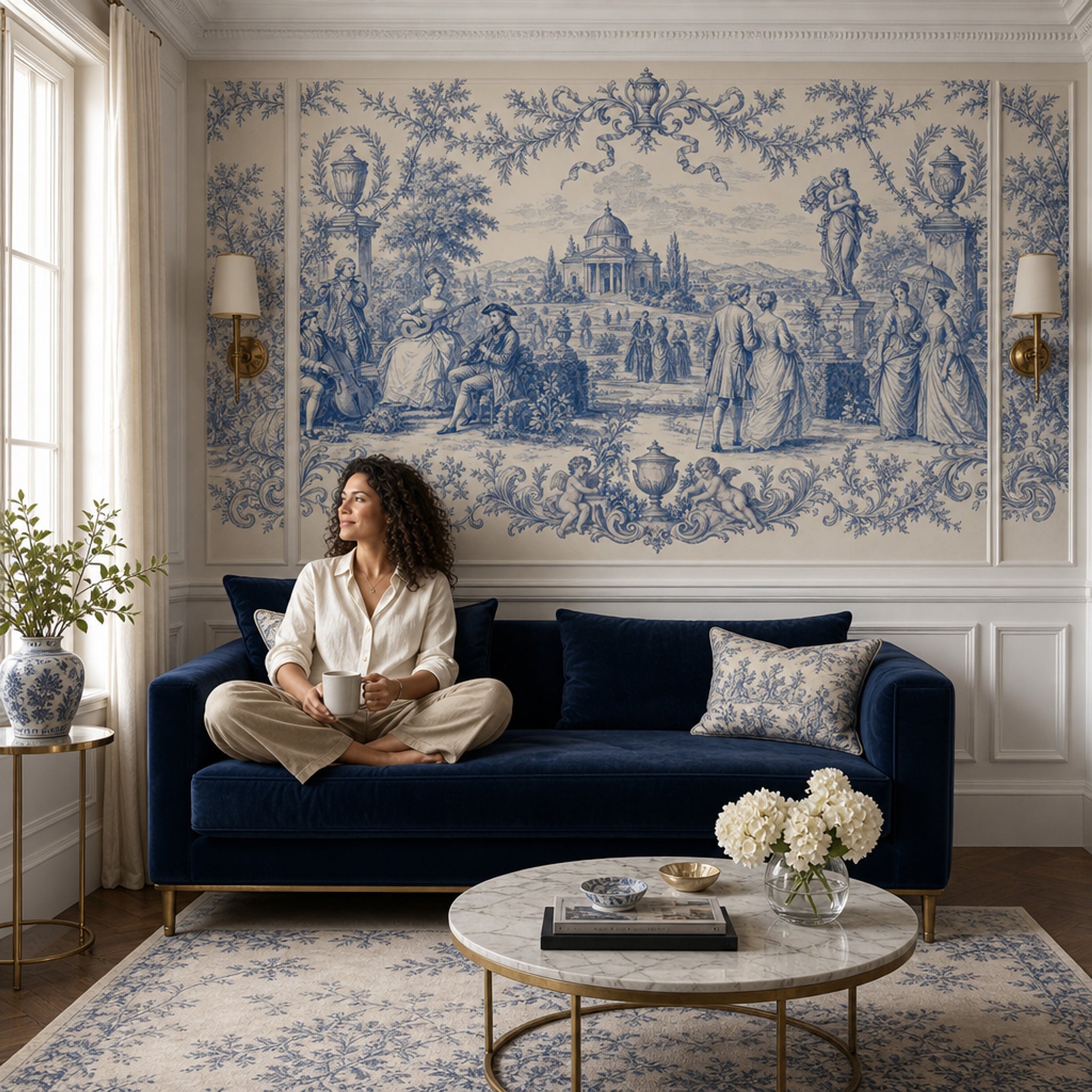 Blue Toile Wallpaper Pastoral Landscape French Country Wall Mural