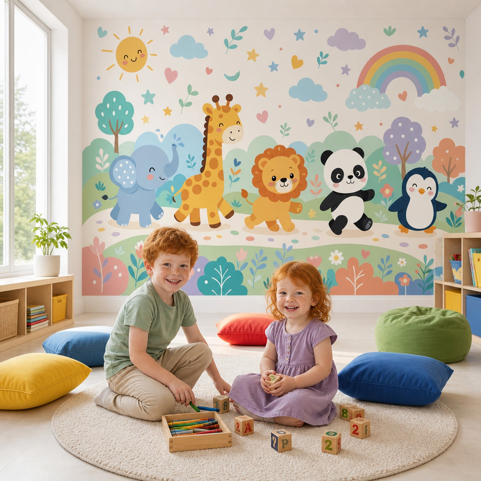 Nursery Wallpaper Cute Animals Pastel Rainbow Removable Wall Decor