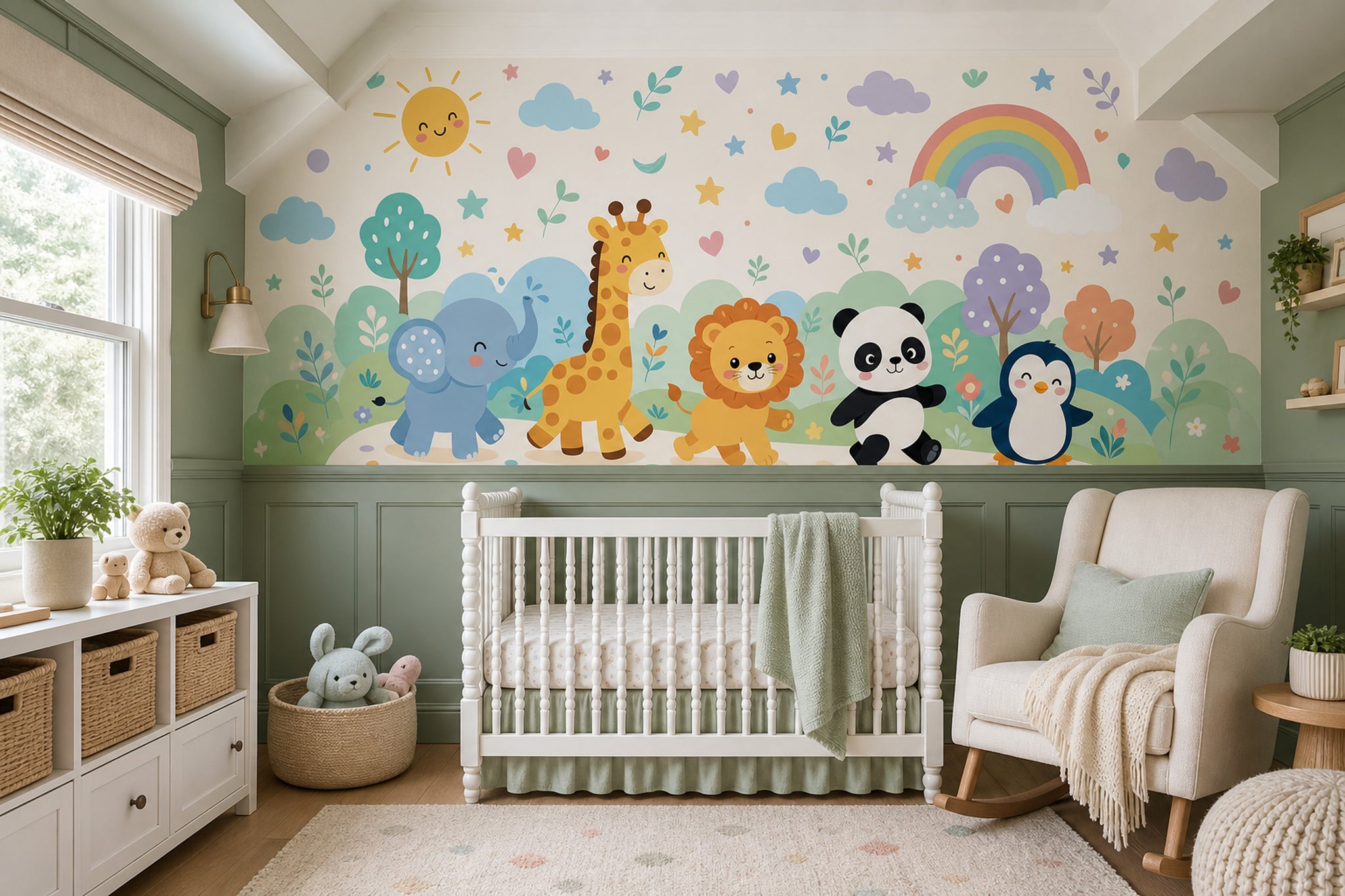 Nursery Wallpaper Cute Animals Pastel Rainbow Removable Wall Decor