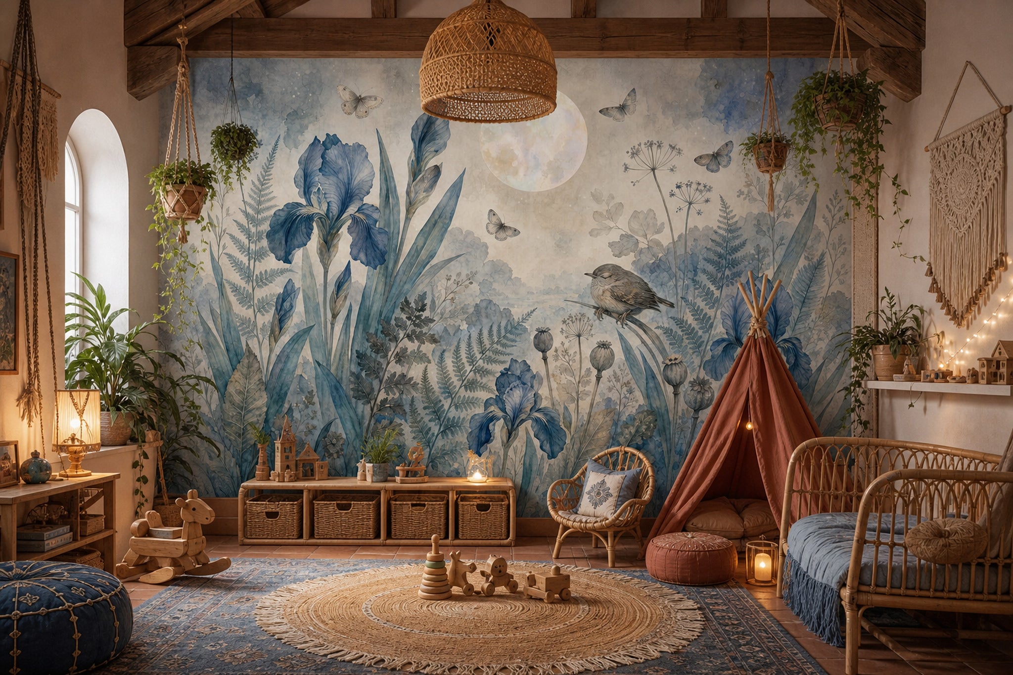 Blue Botanical Wallpaper Iris Flowers Vintage Garden Wall Mural