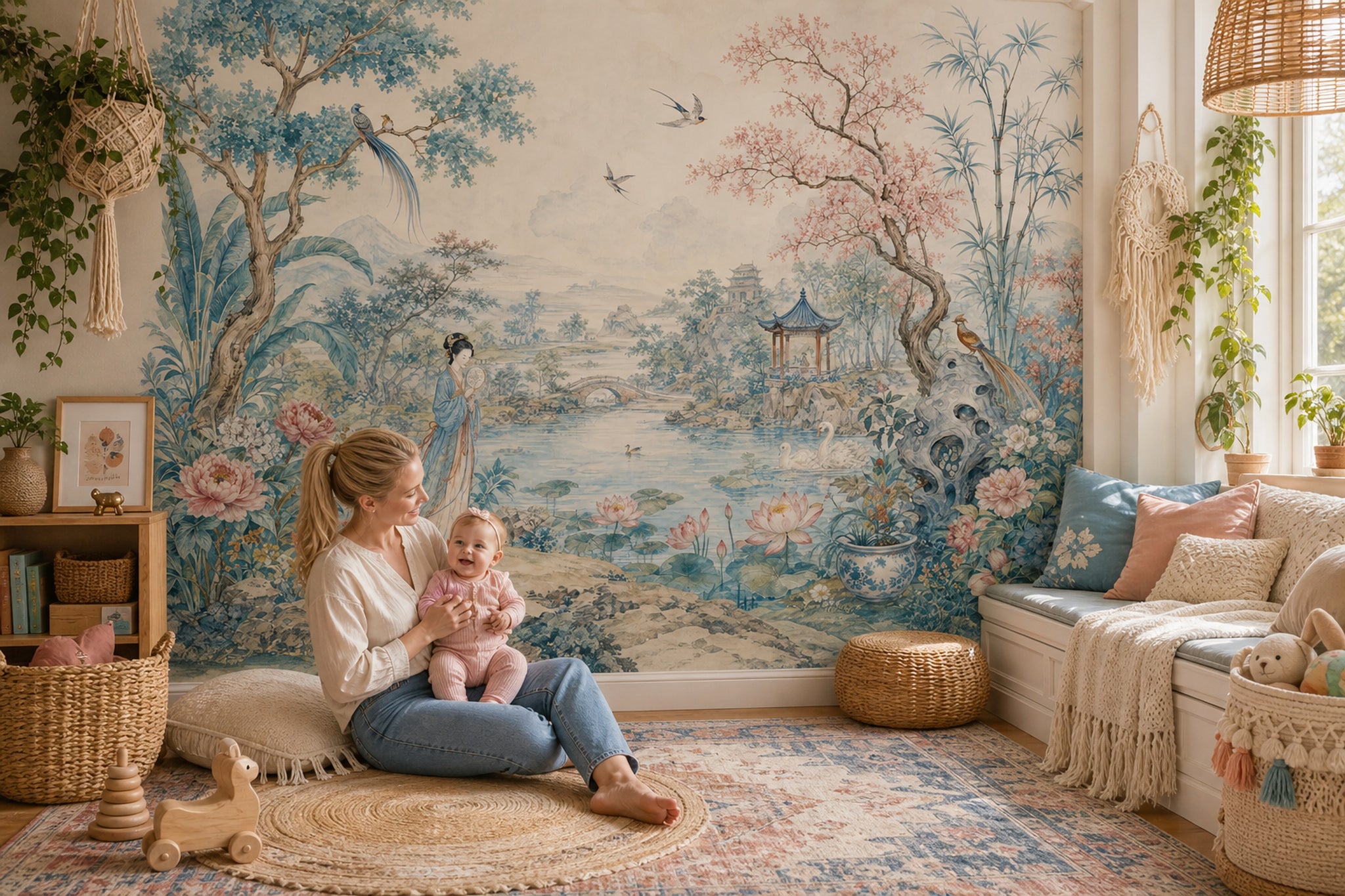 Chinoiserie Wallpaper Asian Landscape Removable Watercolor Mural Wall Decor