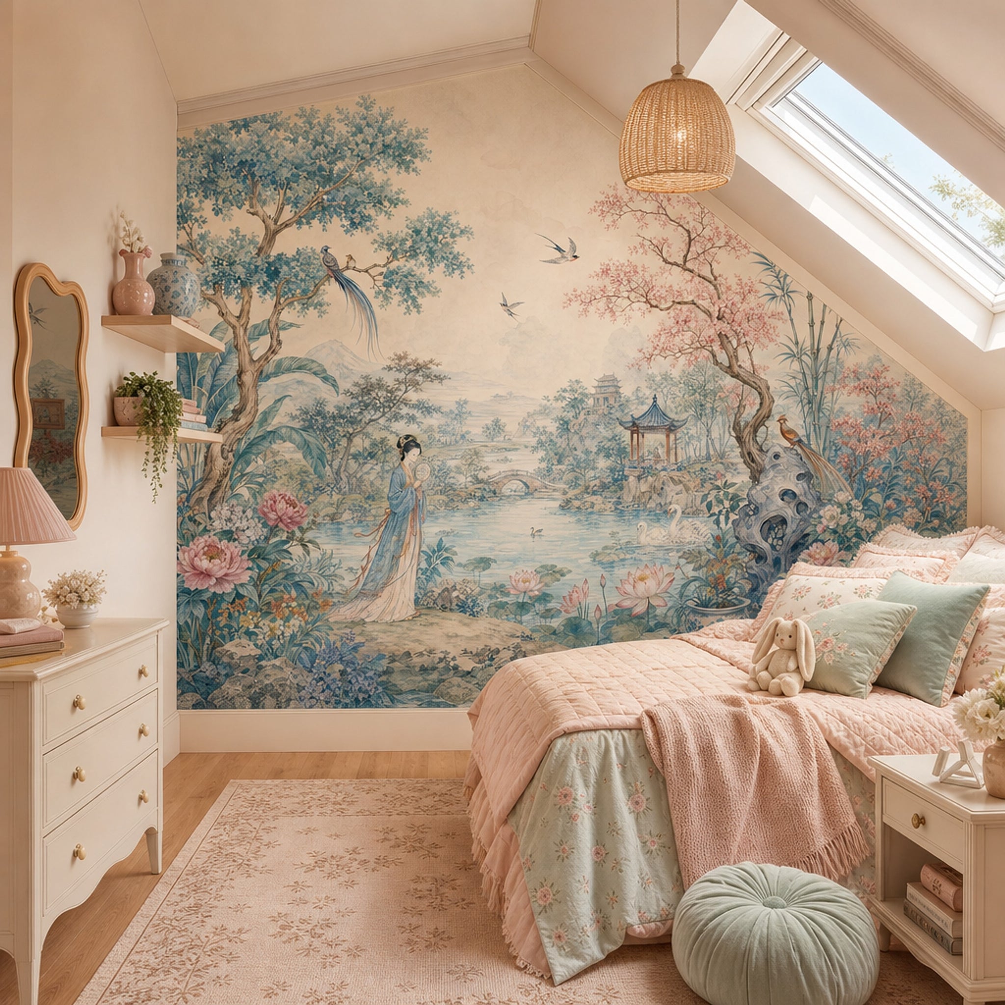 Chinoiserie Wallpaper Asian Landscape Removable Watercolor Mural Wall Decor