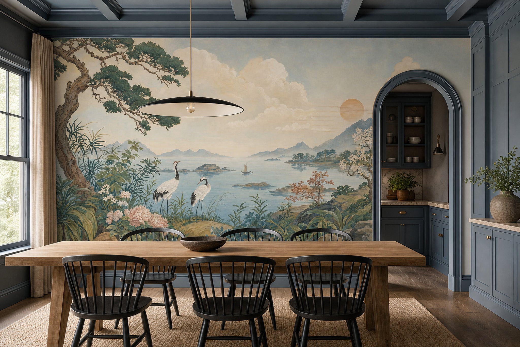 Landscape Mural Wallpaper East Asian Inspired Cranes Removable Wall Decor