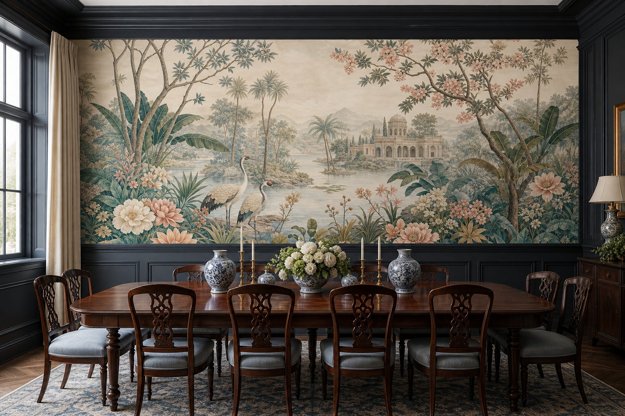 Tropical Landscape Wallpaper Floral Mural Cranes Removable Wall Decor