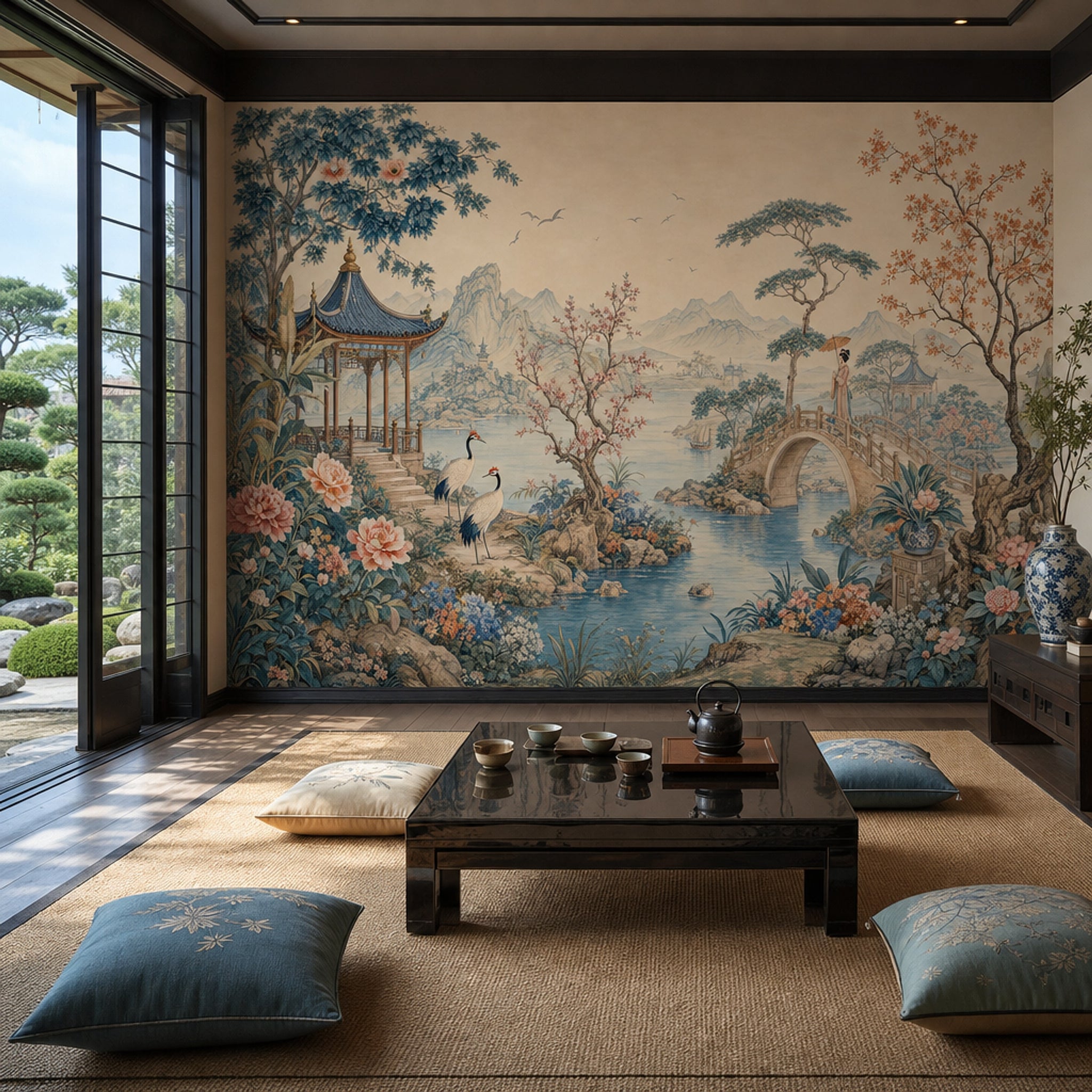 Chinoiserie Wallpaper Asian Landscape Pavilion Wall Mural