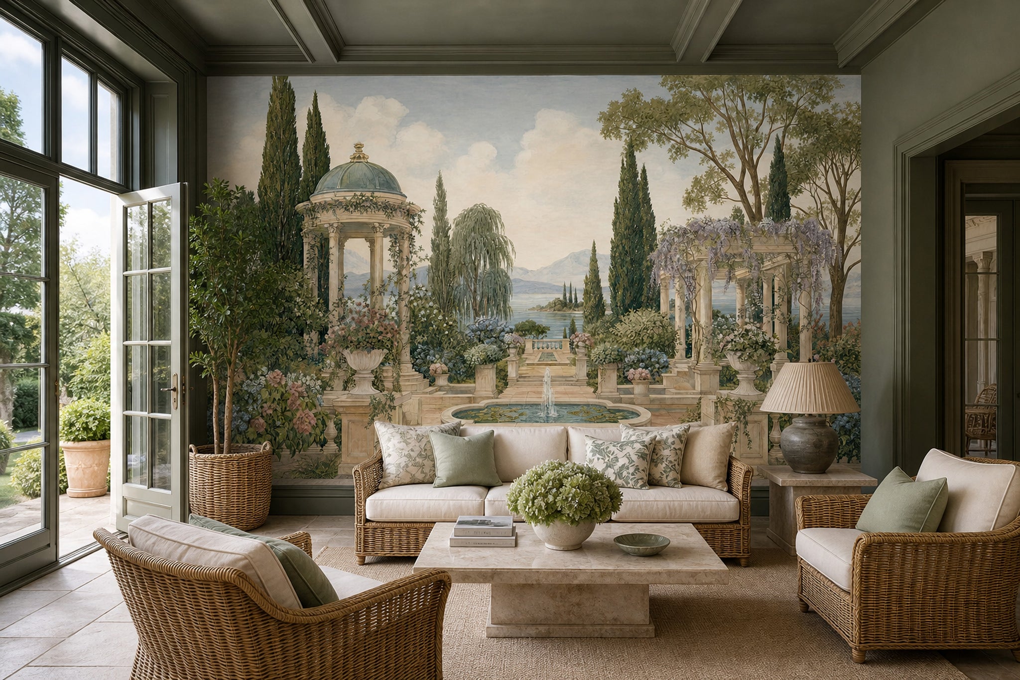 Classical Garden Wallpaper Lake And Mountains Stone Terrace Removable Wall Decor