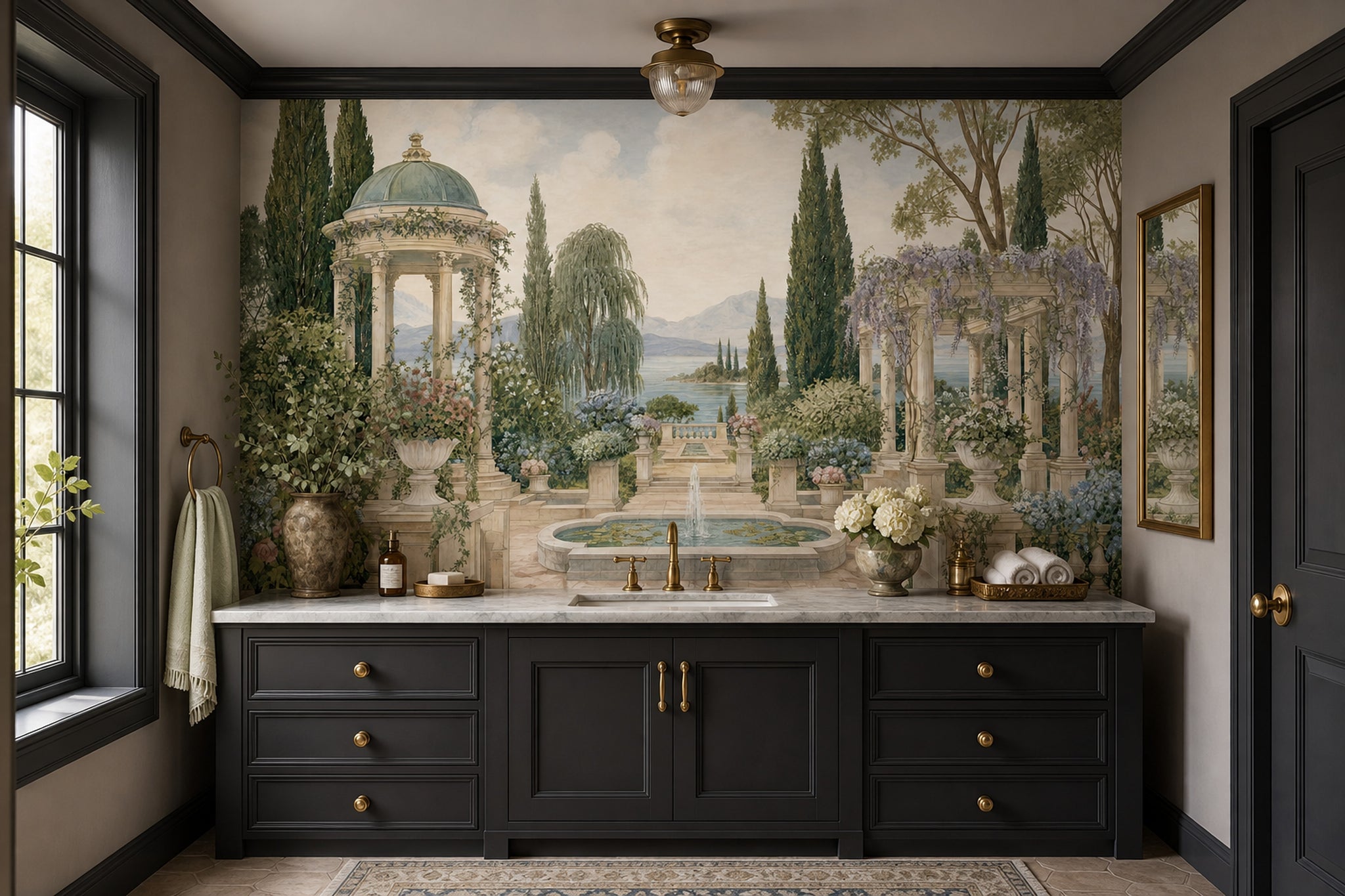 Classical Garden Wallpaper Lake And Mountains Stone Terrace Removable Wall Decor