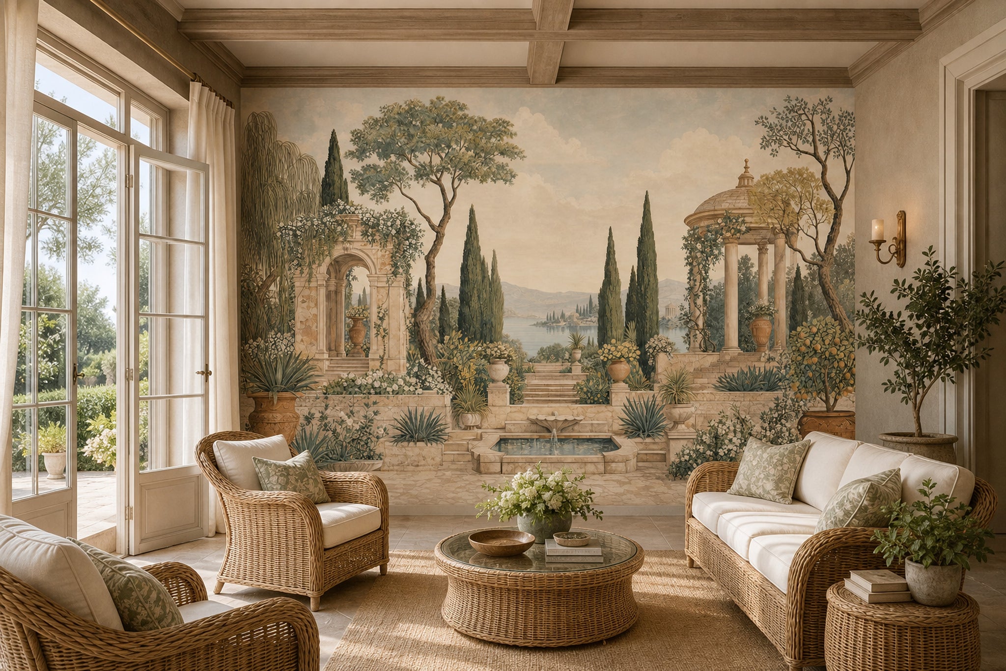 Mediterranean Garden Wallpaper Classical Architecture Cypress Trees Wall Mural