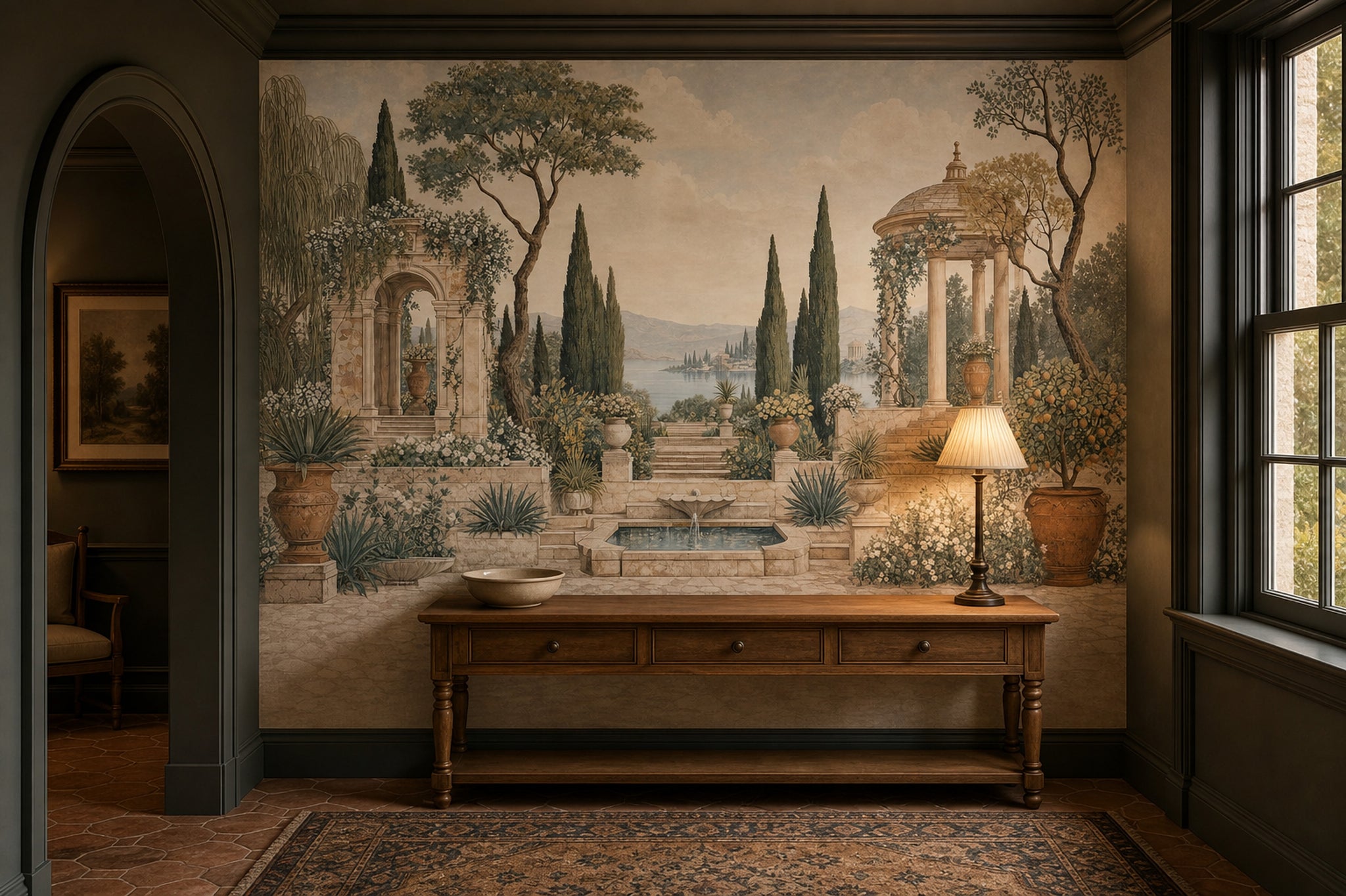 Mediterranean Garden Wallpaper Classical Architecture Cypress Trees Wall Mural