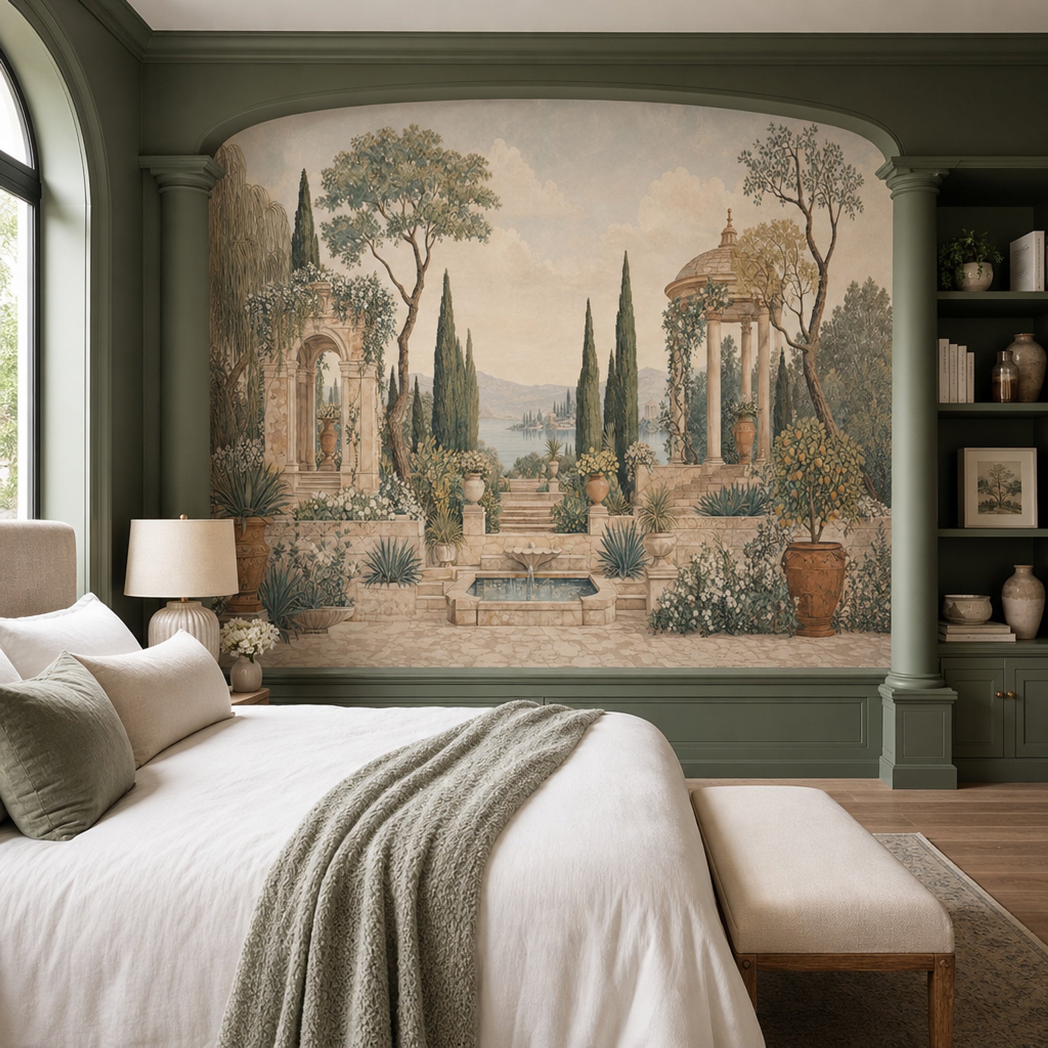 Mediterranean Garden Wallpaper Classical Architecture Cypress Trees Wall Mural