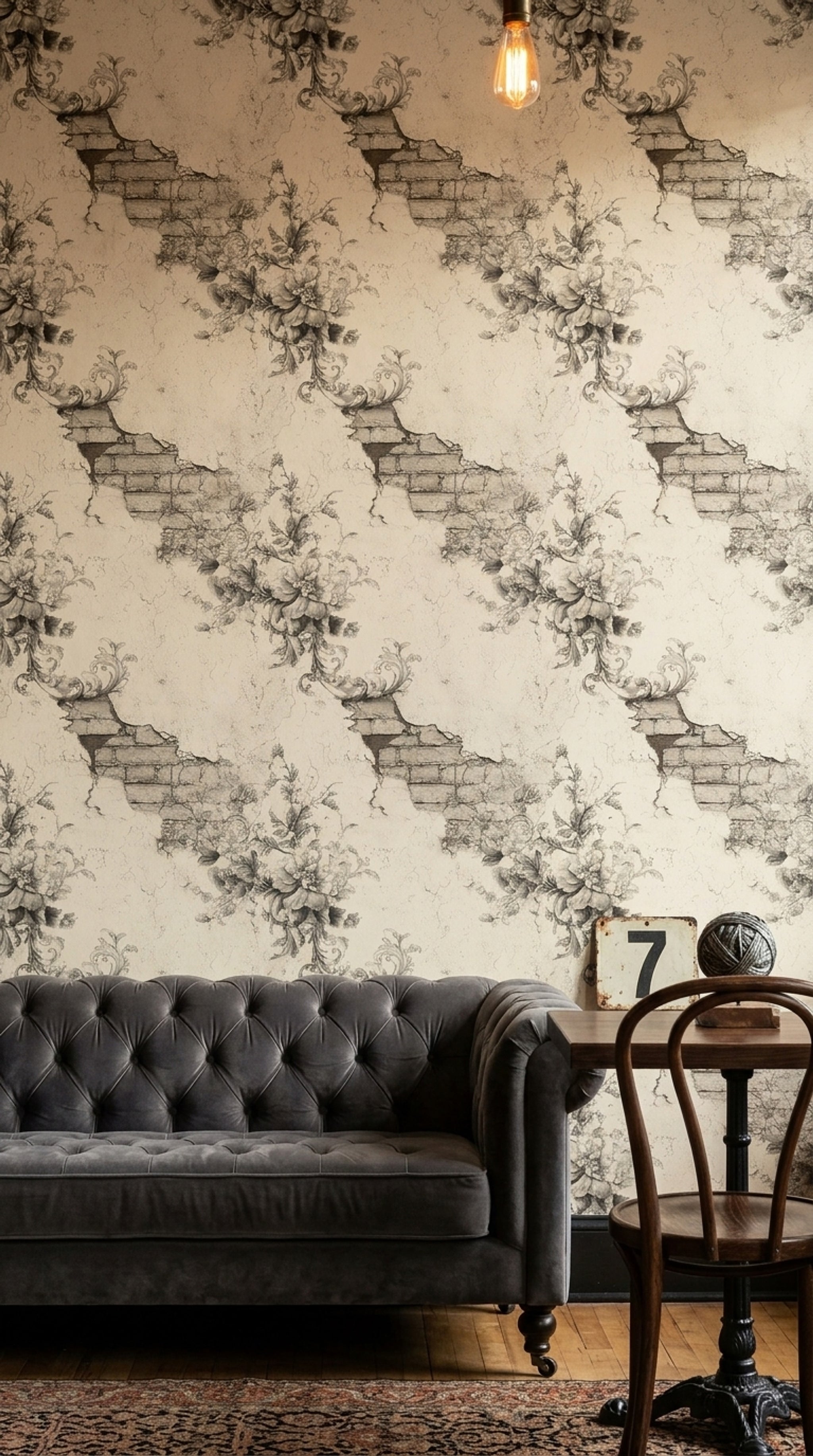 Vintage Floral Sketch Wallpaper Distressed Plaster Removable Exposed Brick Wall Double Roll