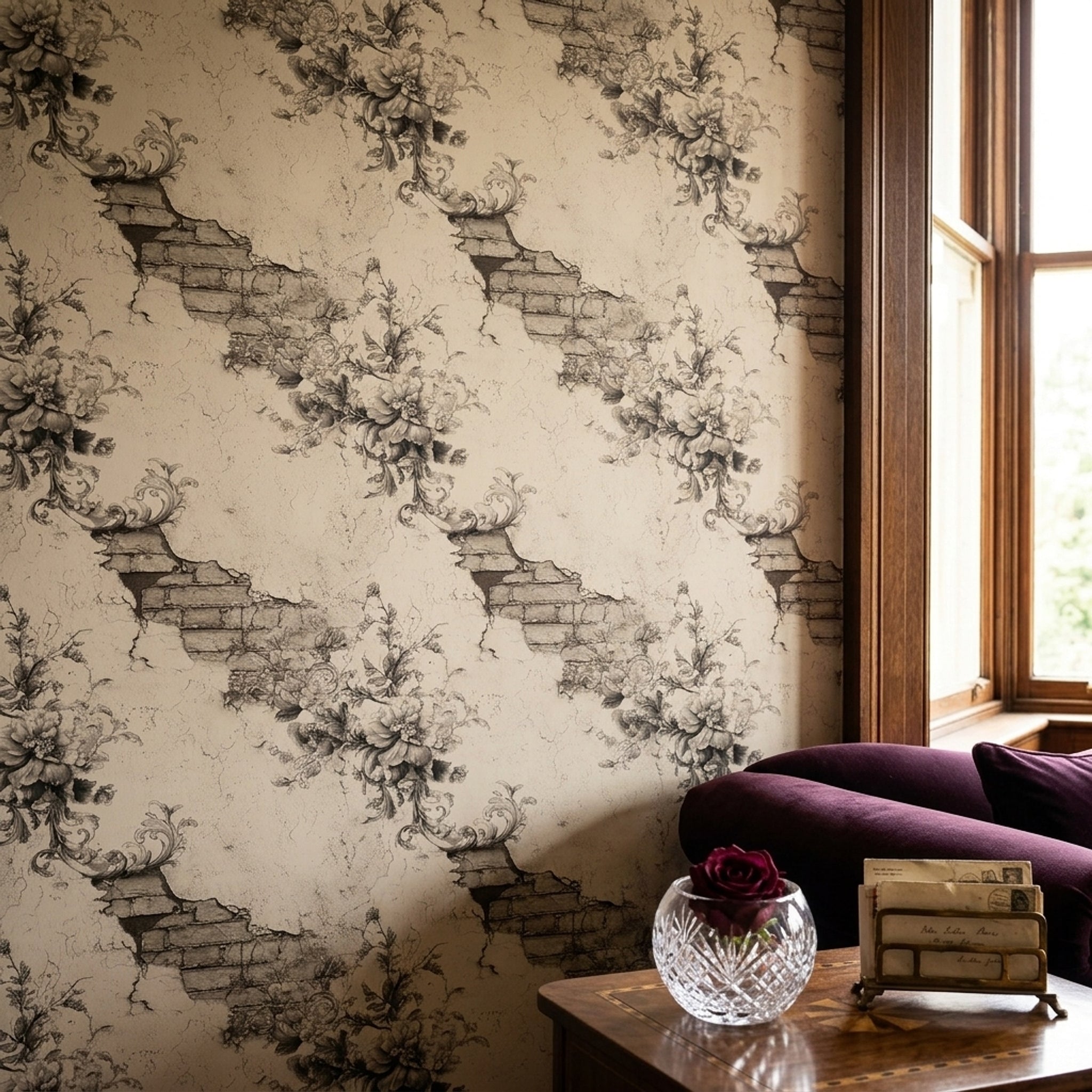 Vintage Floral Sketch Wallpaper Distressed Plaster Removable Exposed Brick Wall Double Roll