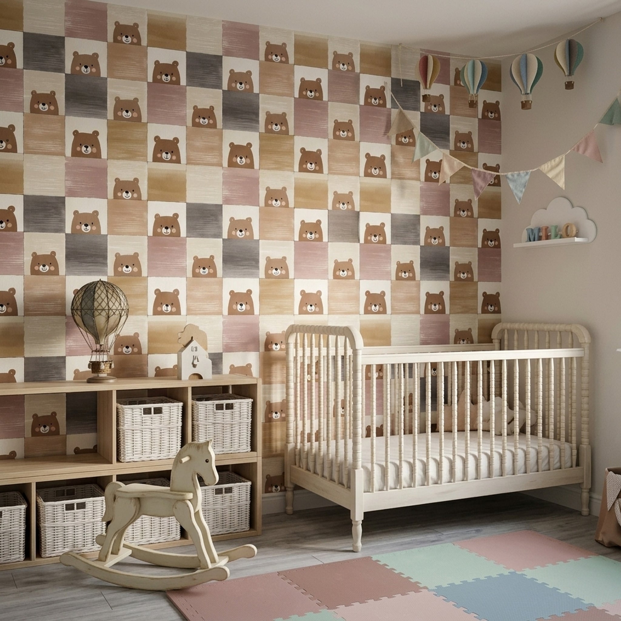 Checkered Wallpaper Cute Bear Nursery Decorative Mural