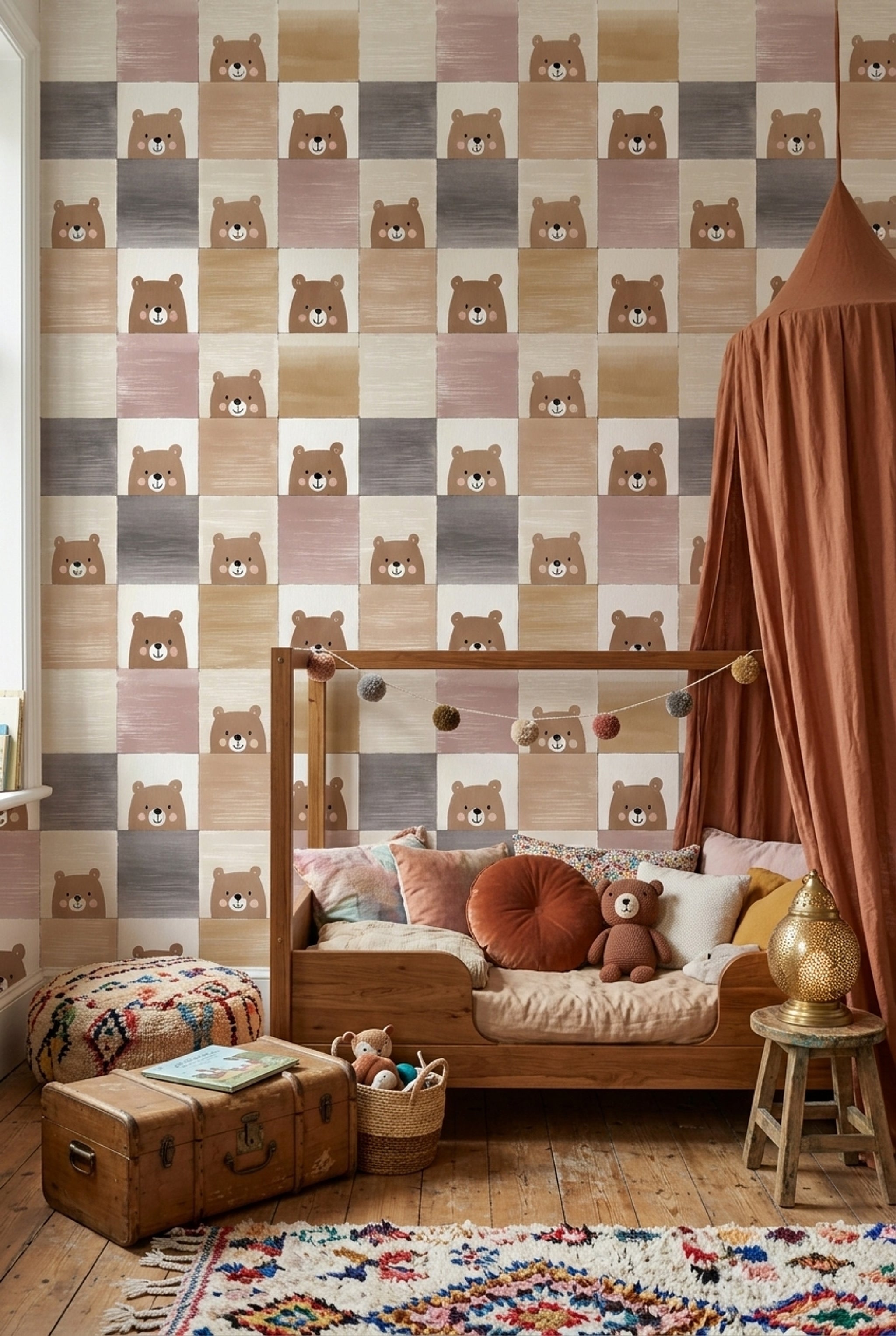 Checkered Wallpaper Cute Bear Nursery Decorative Mural
