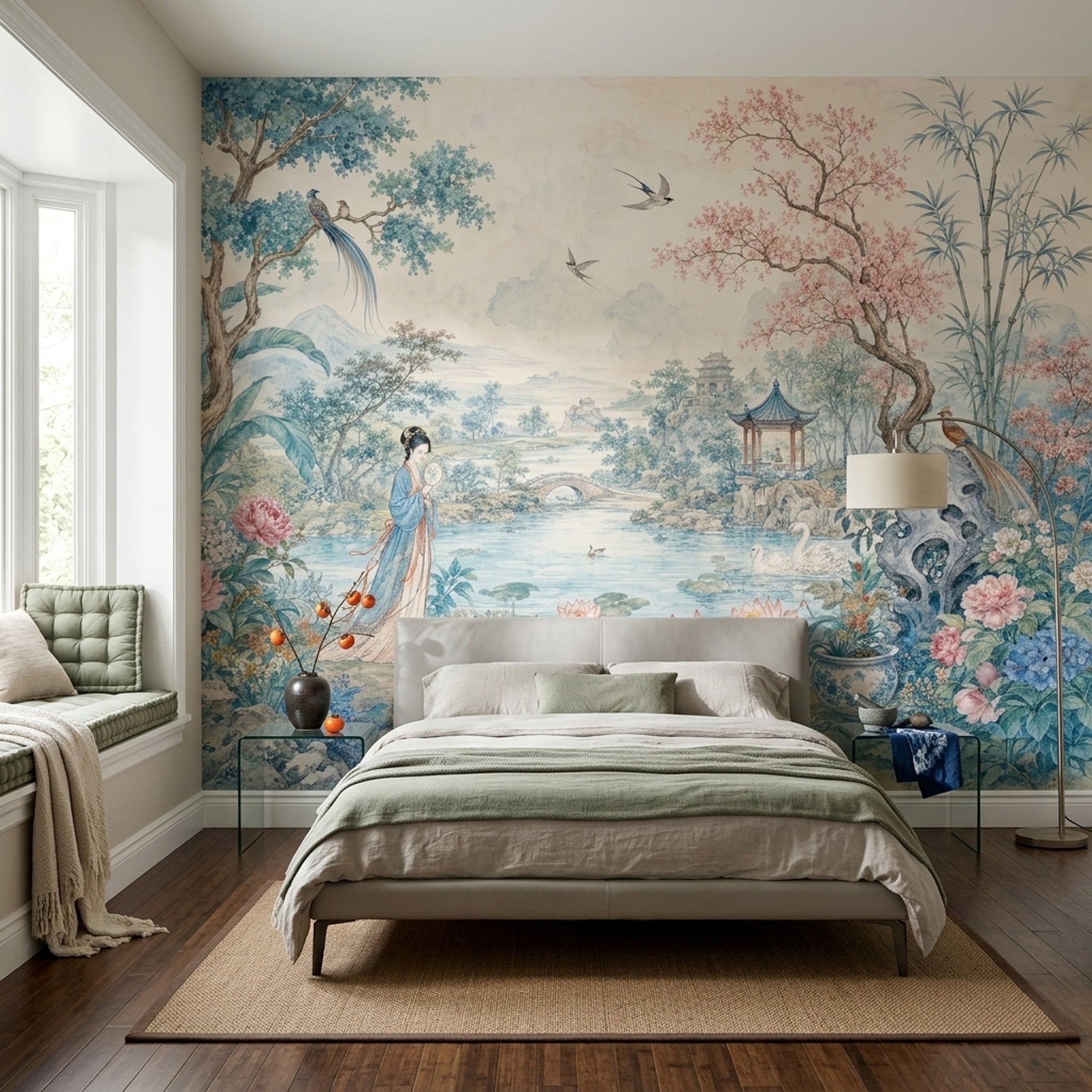 Chinoiserie Wallpaper Asian Landscape Removable Watercolor Mural Wall Decor