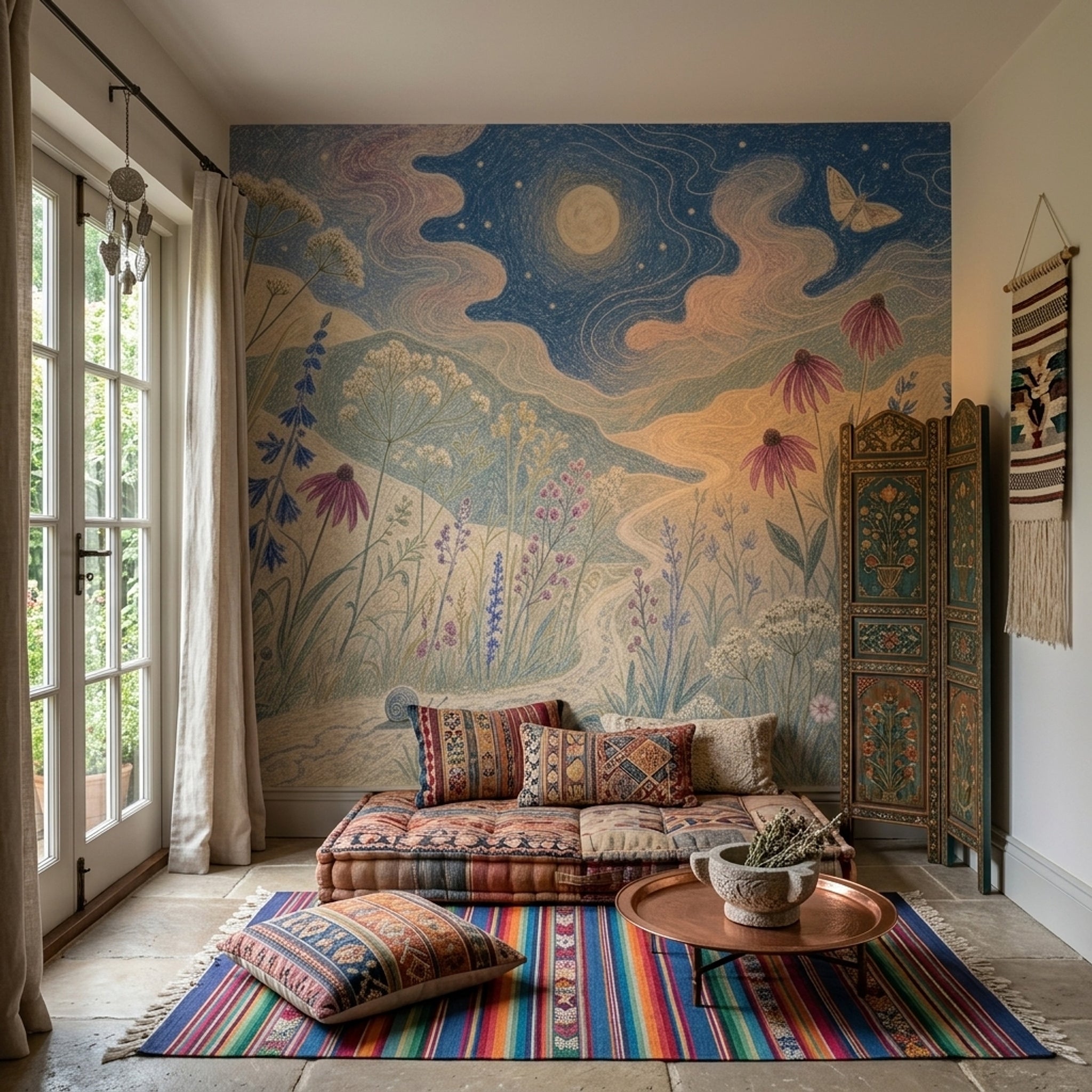 Moonlit Landscape Wallpaper Wildflower Meadow Removable Night Sky Wall Decor