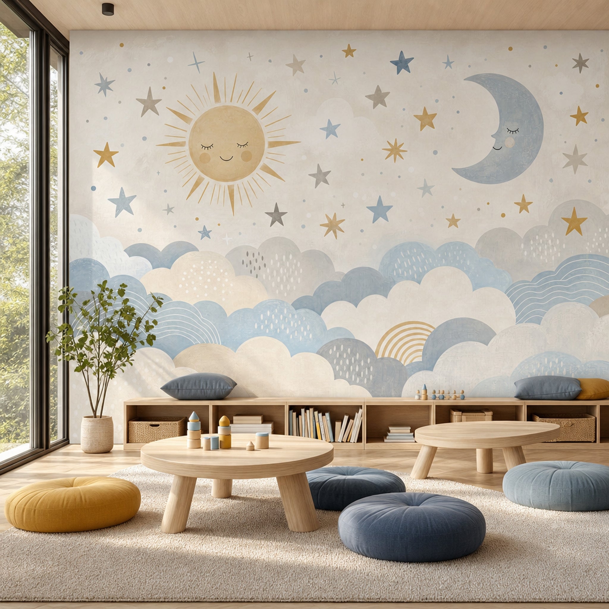 Cloudy Sky Wallpaper Dreamy Nursery Moon And Stars Removable Wall Decor