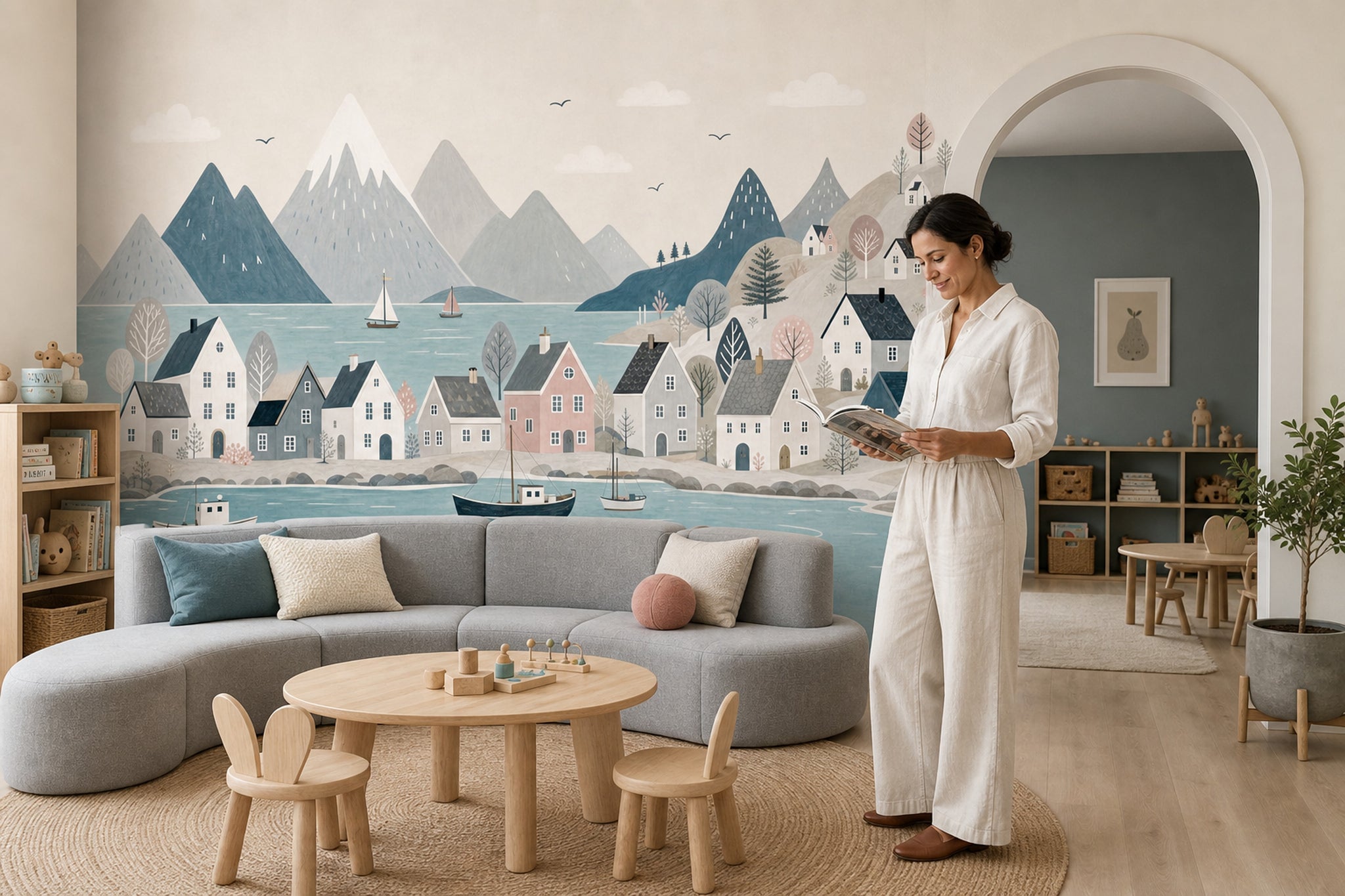 Scandinavian Fjord Wallpaper Coastal Village Watercolor Illustration Wall Mural