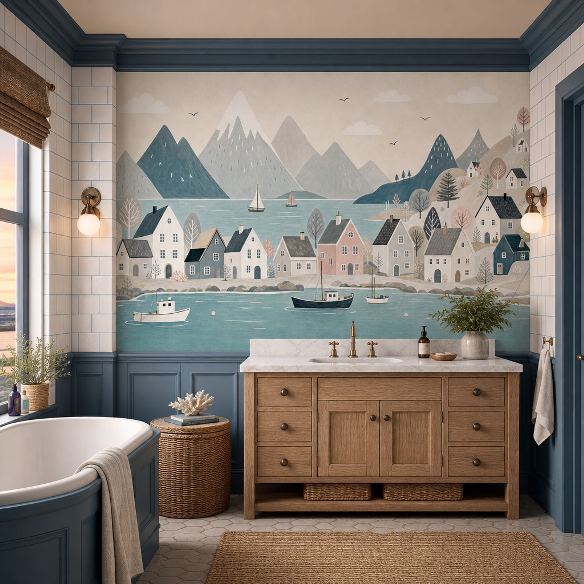 Scandinavian Fjord Wallpaper Coastal Village Watercolor Illustration Wall Mural
