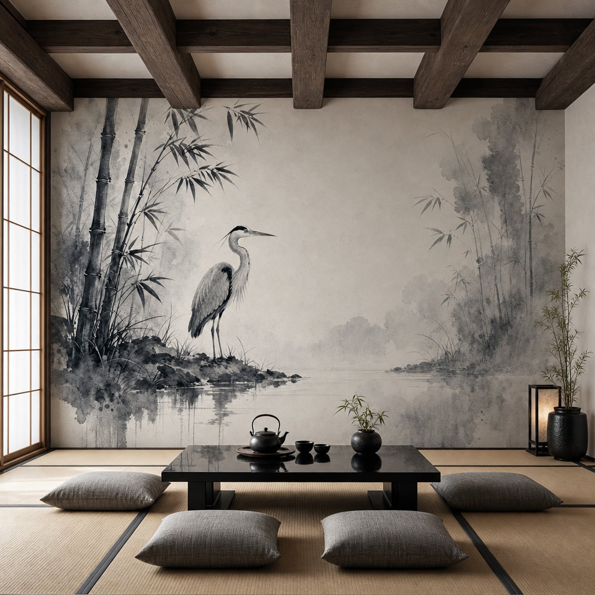 Ink Wash Wallpaper Bamboo Heron Removable Wall Decor
