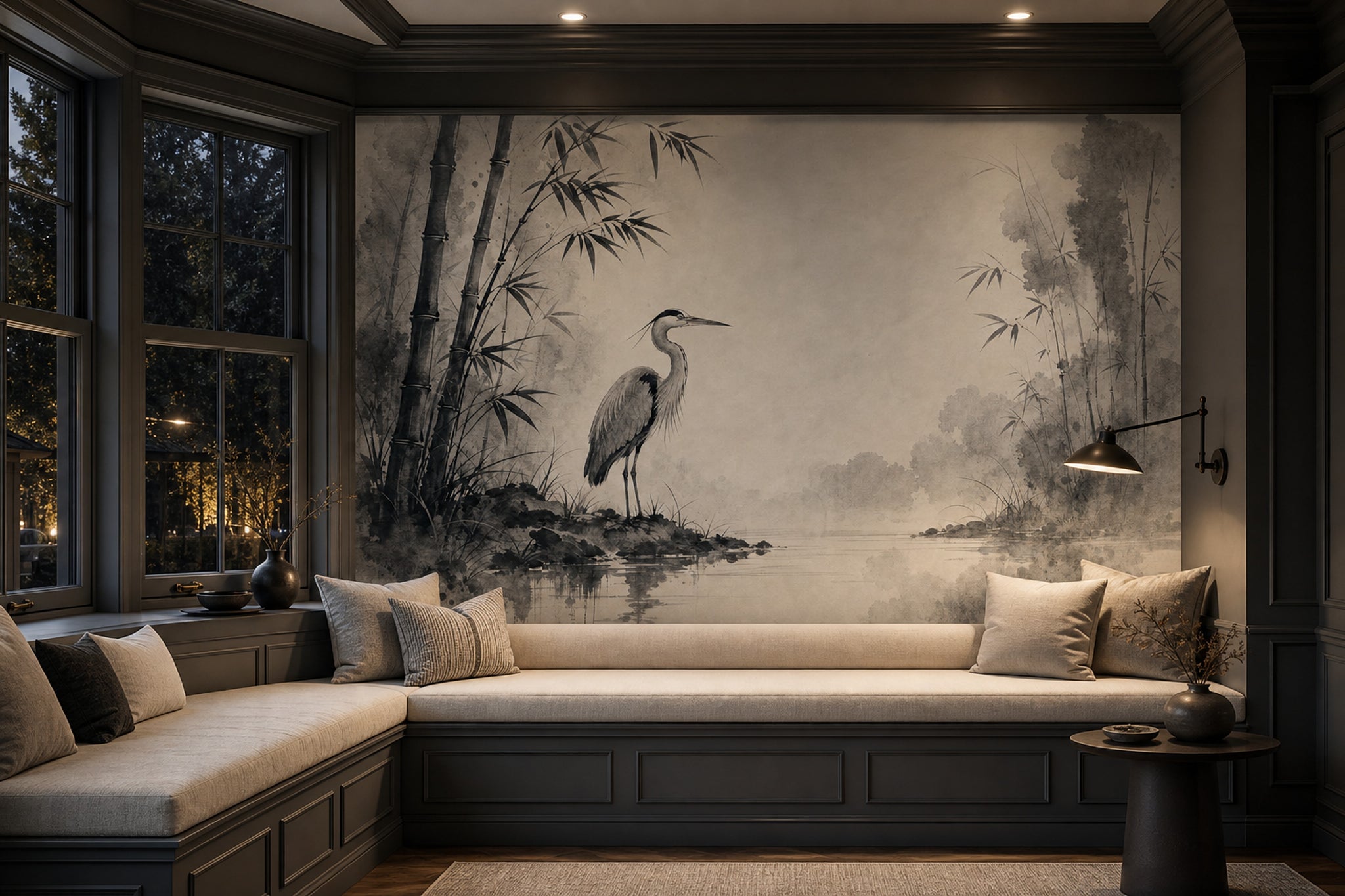 Ink Wash Wallpaper Bamboo Heron Removable Wall Decor