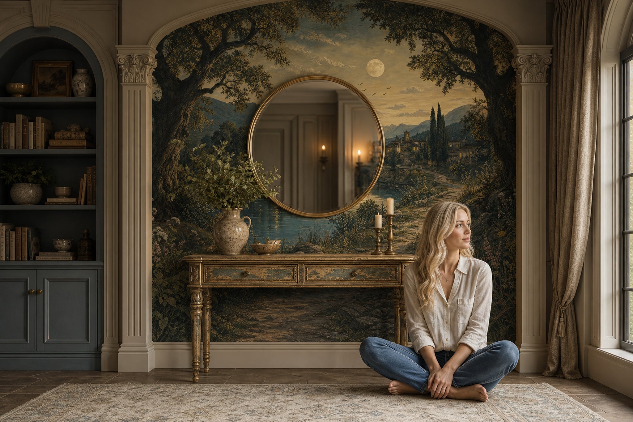 Landscape Mural Wallpaper Moonlit Countryside River And Stone Bridge Wall Mural