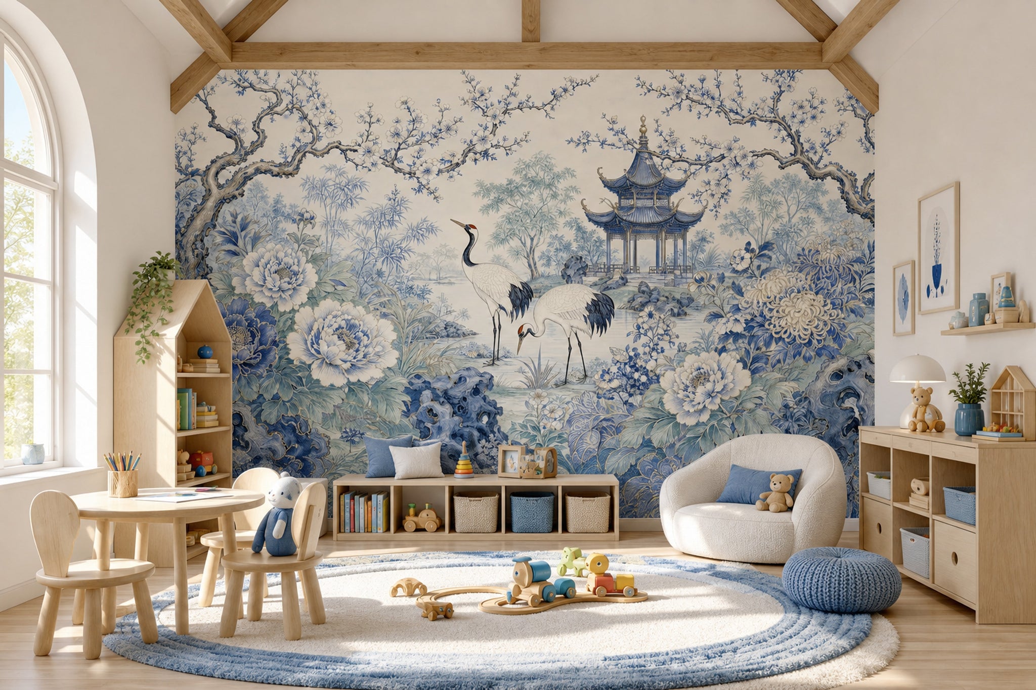 Chinoiserie Wallpaper Blue And White Cranes Removable Wall Decor