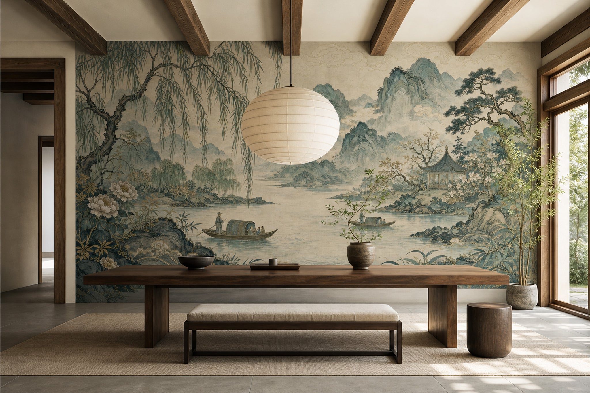 East Asian Landscape Wallpaper Misty Mountains River Wall Mural