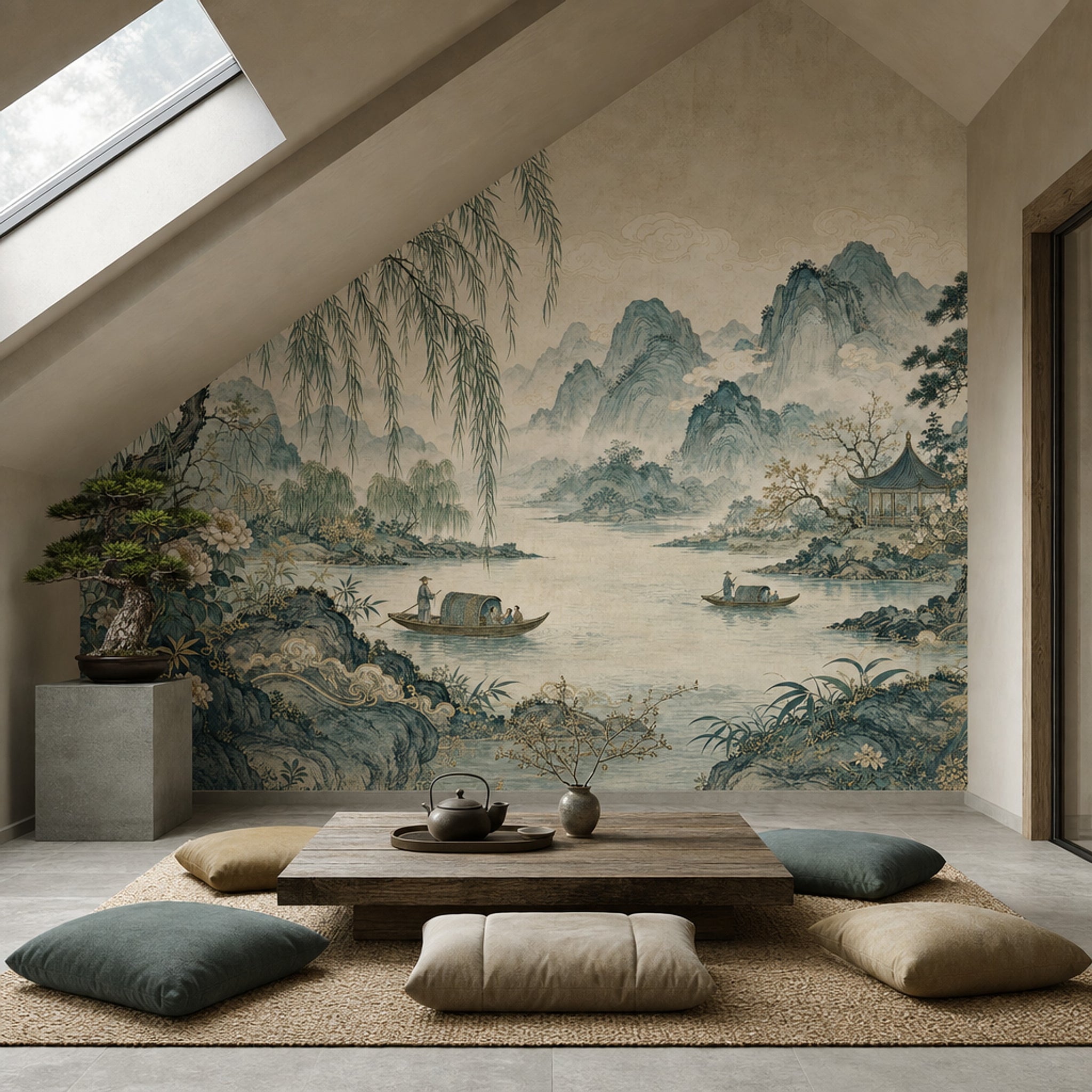 East Asian Landscape Wallpaper Misty Mountains River Wall Mural
