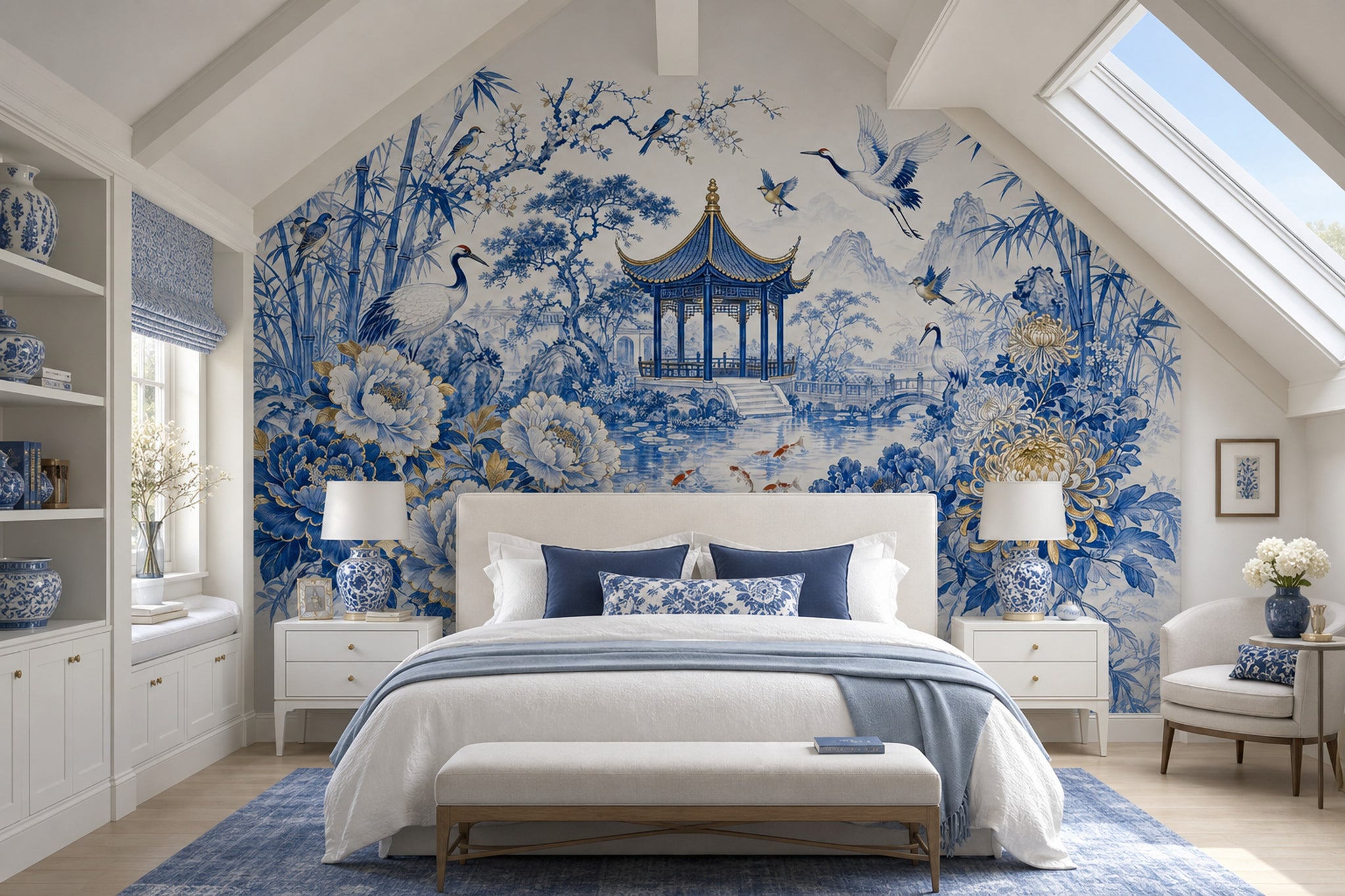 Chinoiserie Wallpaper Blue And White Removable Chinese Garden Pavilion Wall Decor