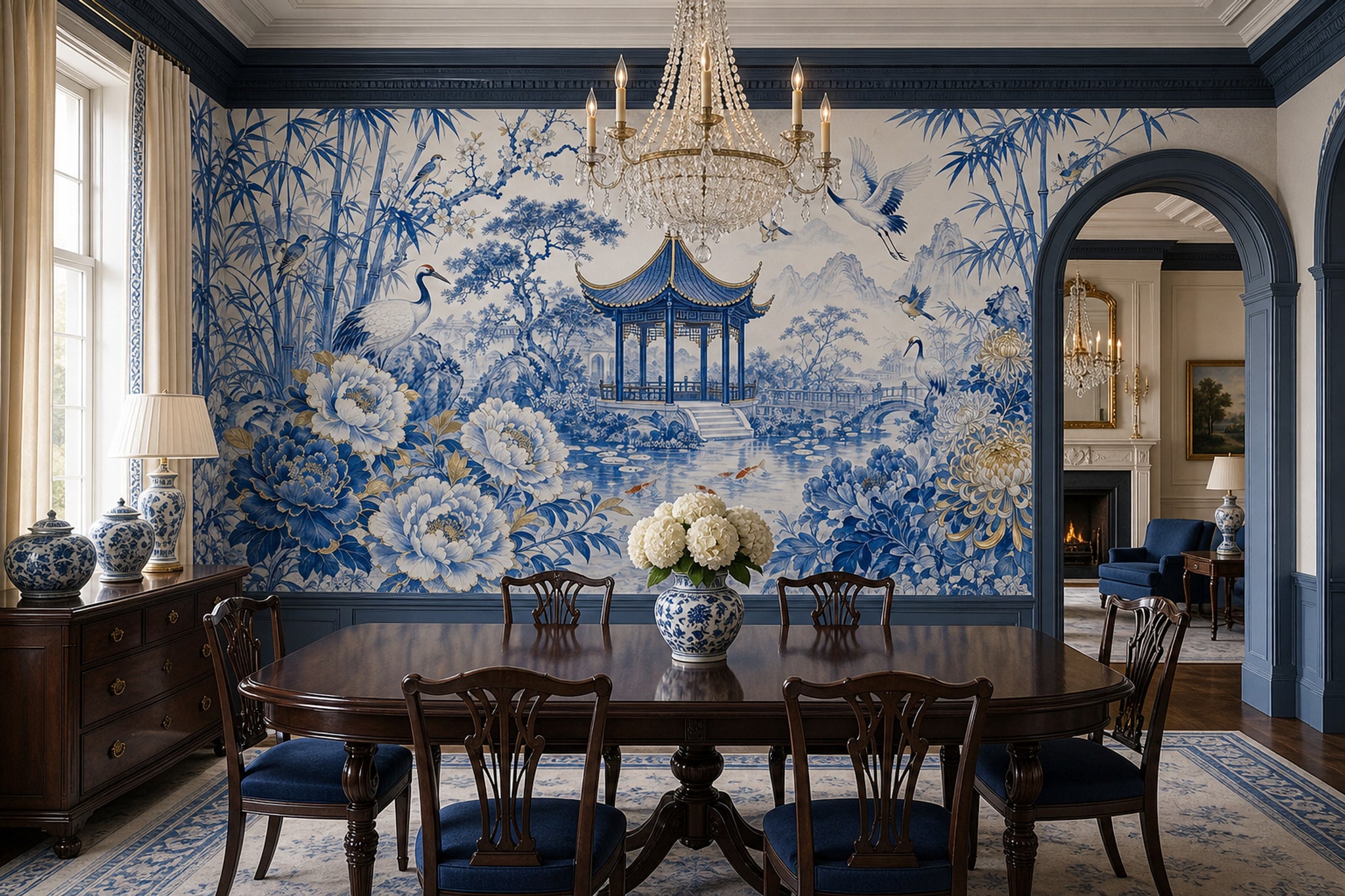 Chinoiserie Wallpaper Blue And White Removable Chinese Garden Pavilion Wall Decor