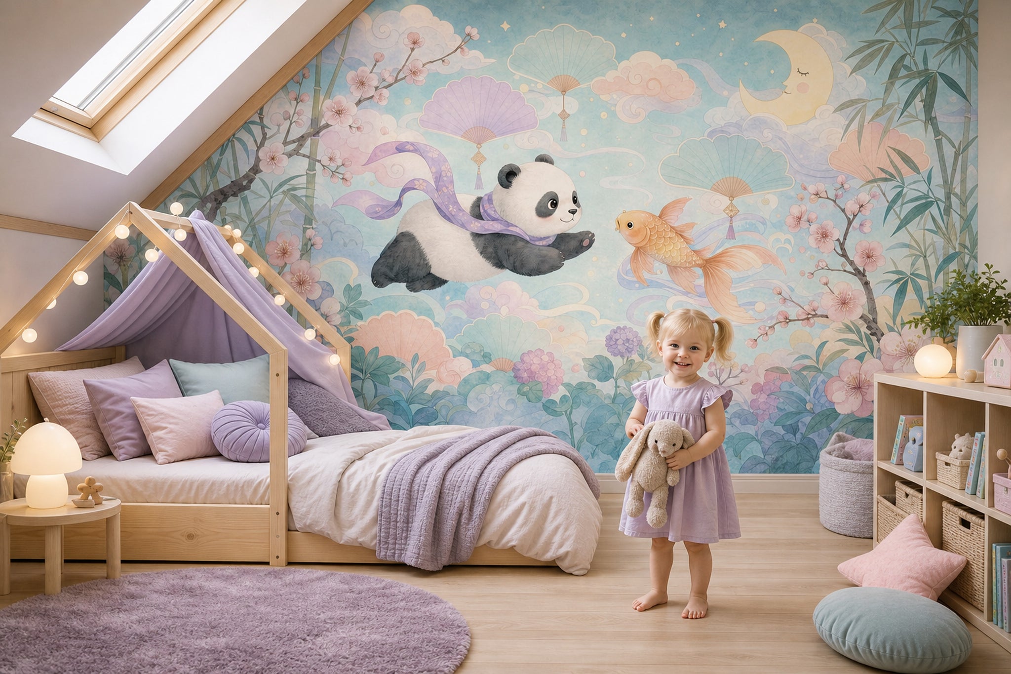 Pastel Watercolor Wallpaper Panda Koi Fish Wall Mural