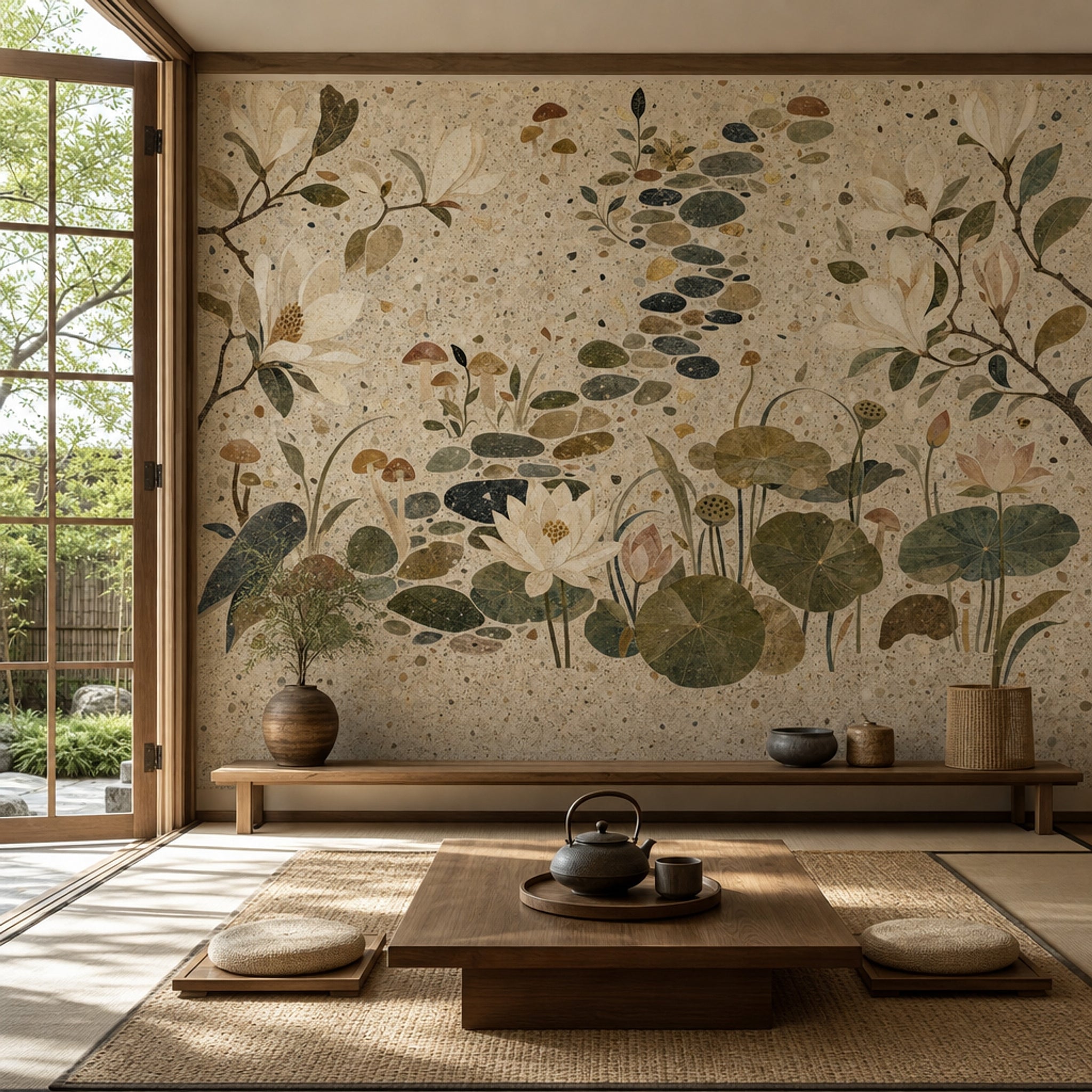 Lotus Pond Wallpaper Water Lilies Removable Stepping Stones Wall Decor