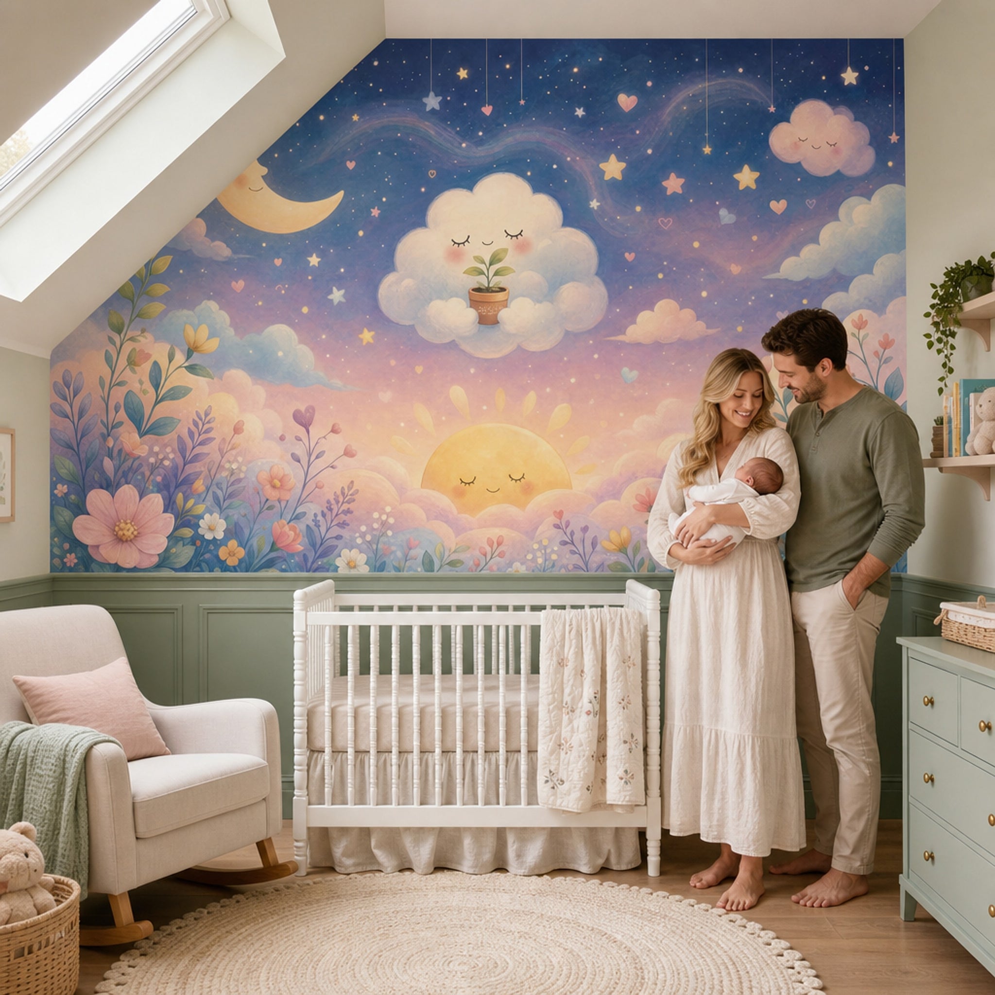 Muted Green Wallpaper Pastel Sky Moon And Stars Removable Wall Decor