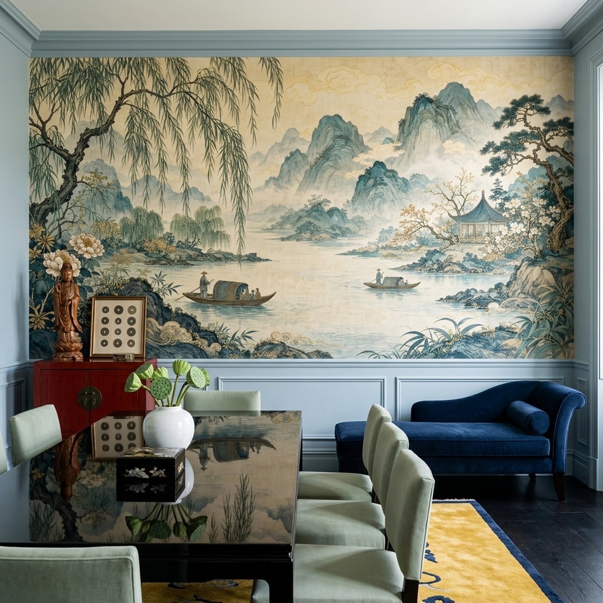 East Asian Landscape Wallpaper Misty Mountains River Wall Mural