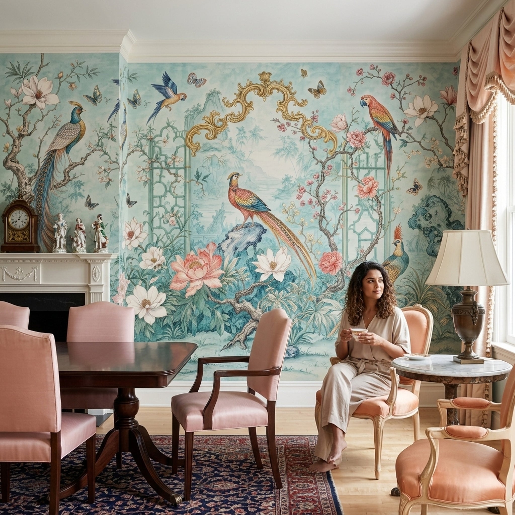 Chinoiserie Wallpaper Pastel Blue Floral Blossoms Removable Wall Decor