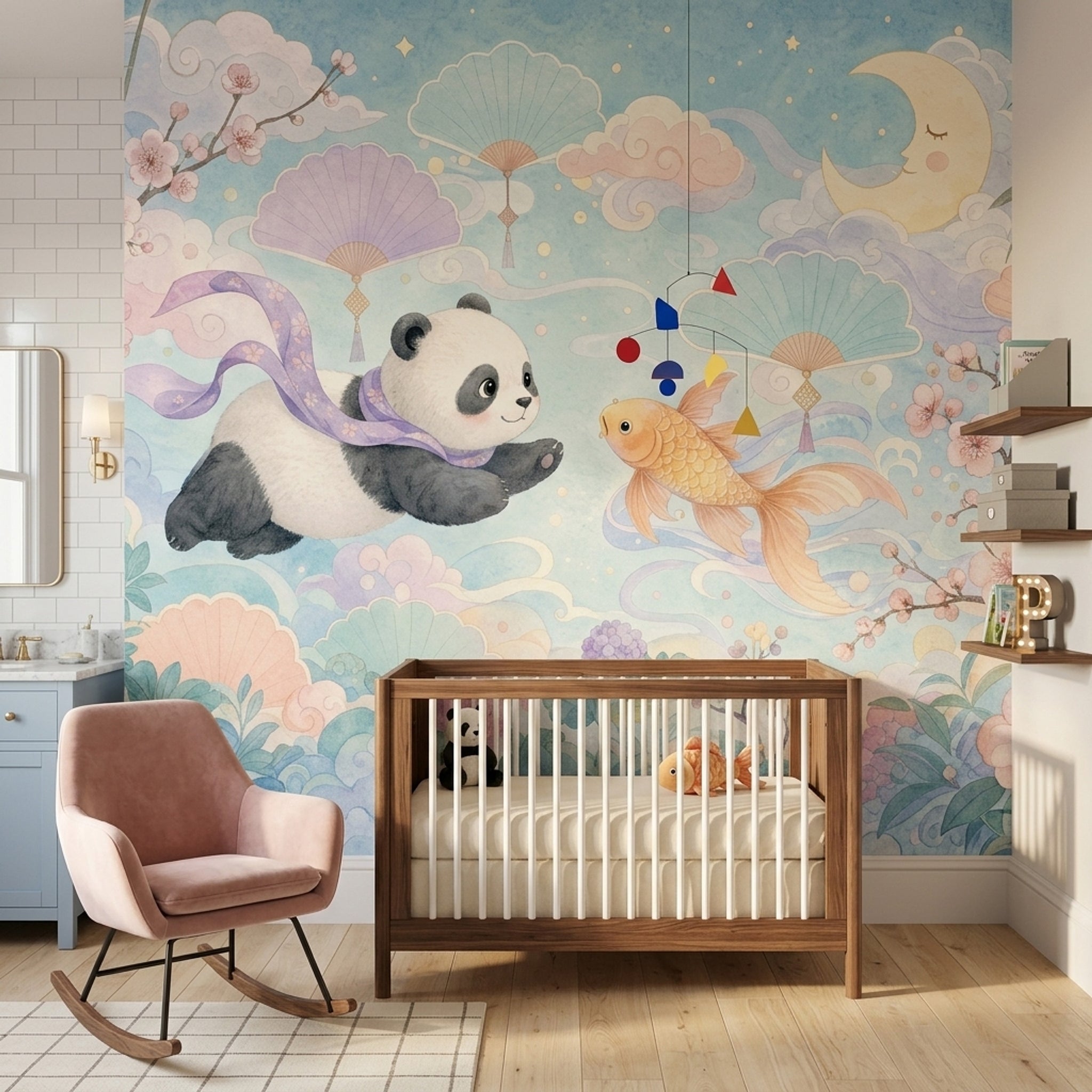 Pastel Watercolor Wallpaper Panda Koi Fish Wall Mural