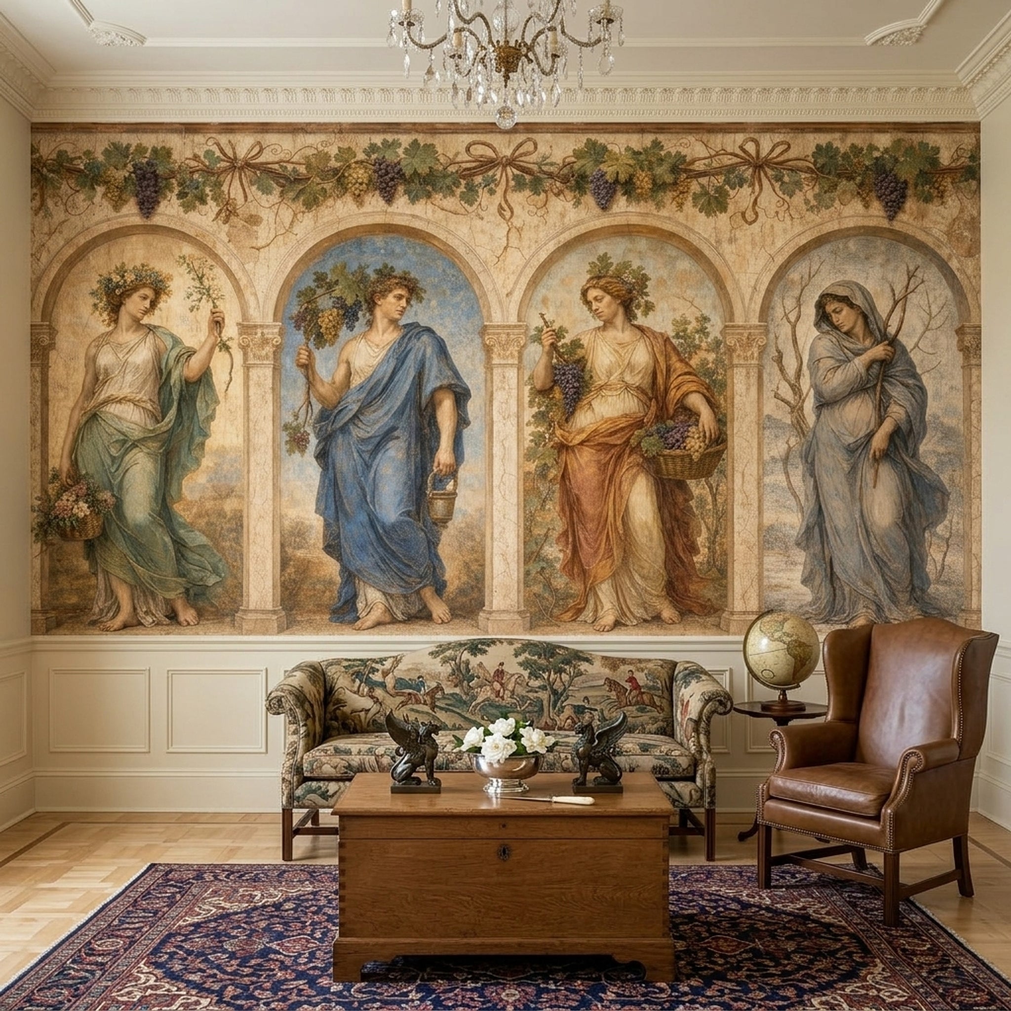 Muted Green Wallpaper Vintage Fresco Wall Mural