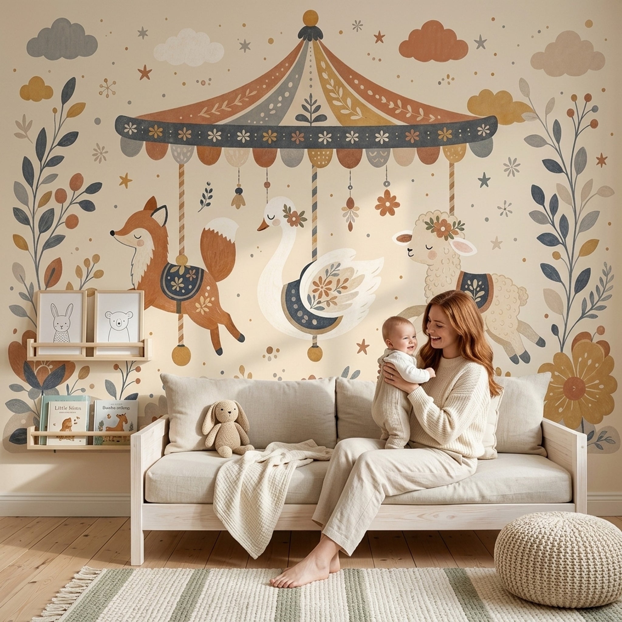 Whimsical Carousel Wallpaper Nursery Animals Folk Floral Wall Mural