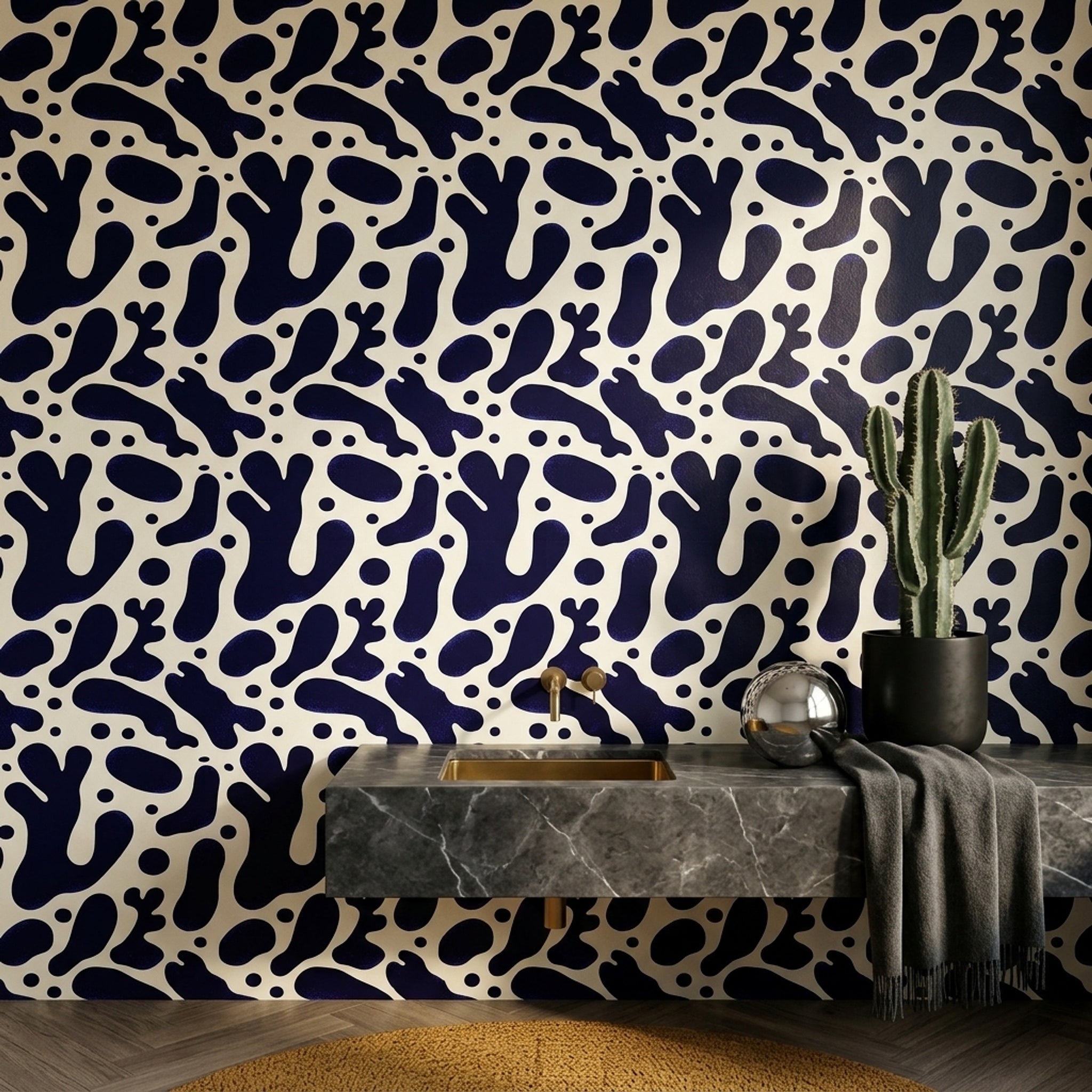 Abstract Wallpaper Dark Navy Organic Blobs Removable Wall Decor