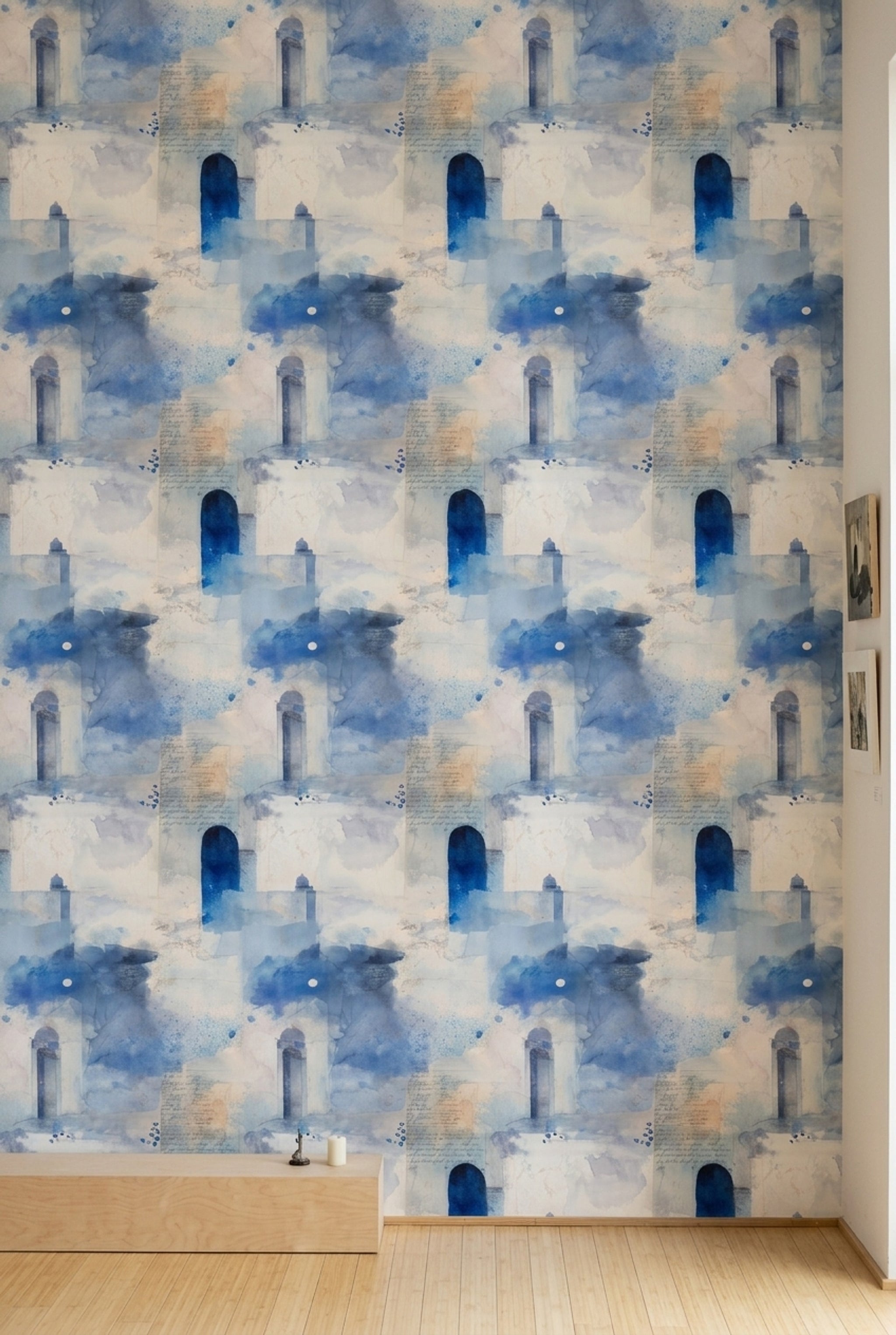Mediterranean Architecture Wallpaper Abstract Watercolor Removable Blue And White Wall Double Roll