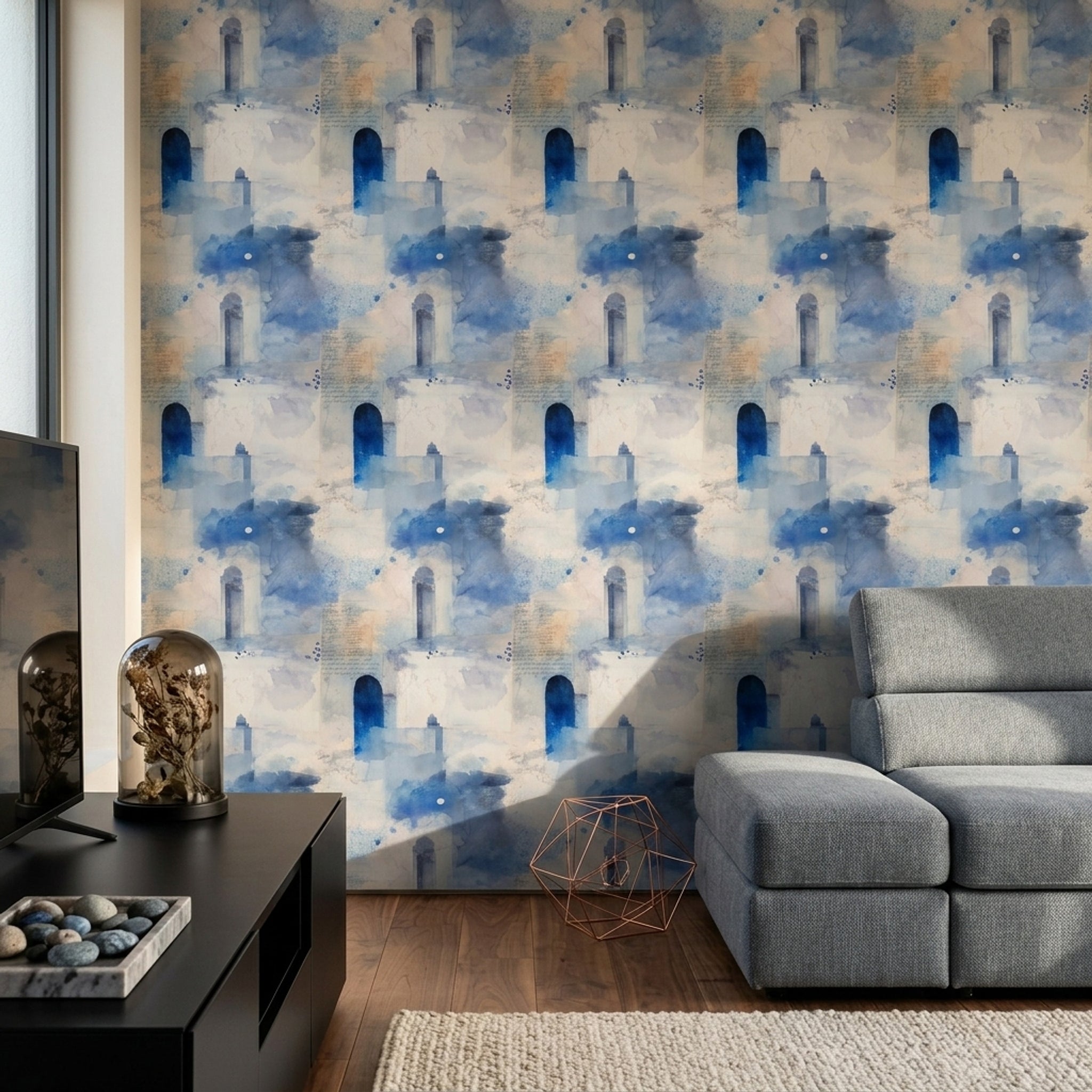 Mediterranean Architecture Wallpaper Abstract Watercolor Removable Blue And White Wall Double Roll