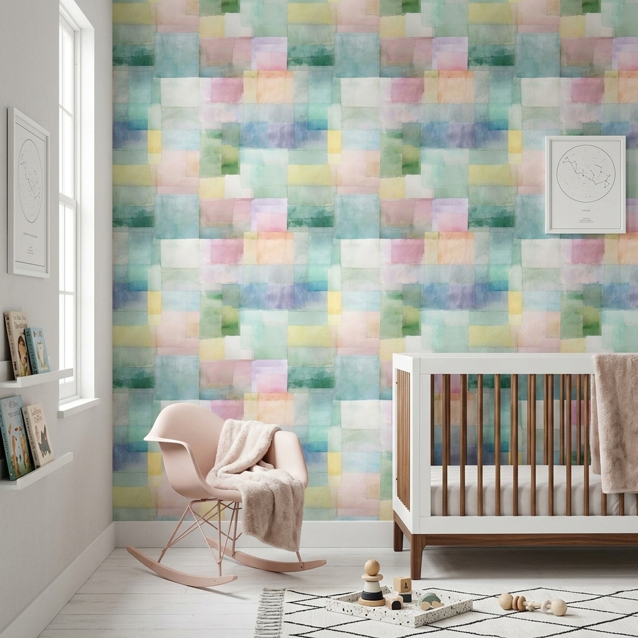 Geometric Blocks Wallpaper Watercolor Wash Removable Pastel Wall Double Roll