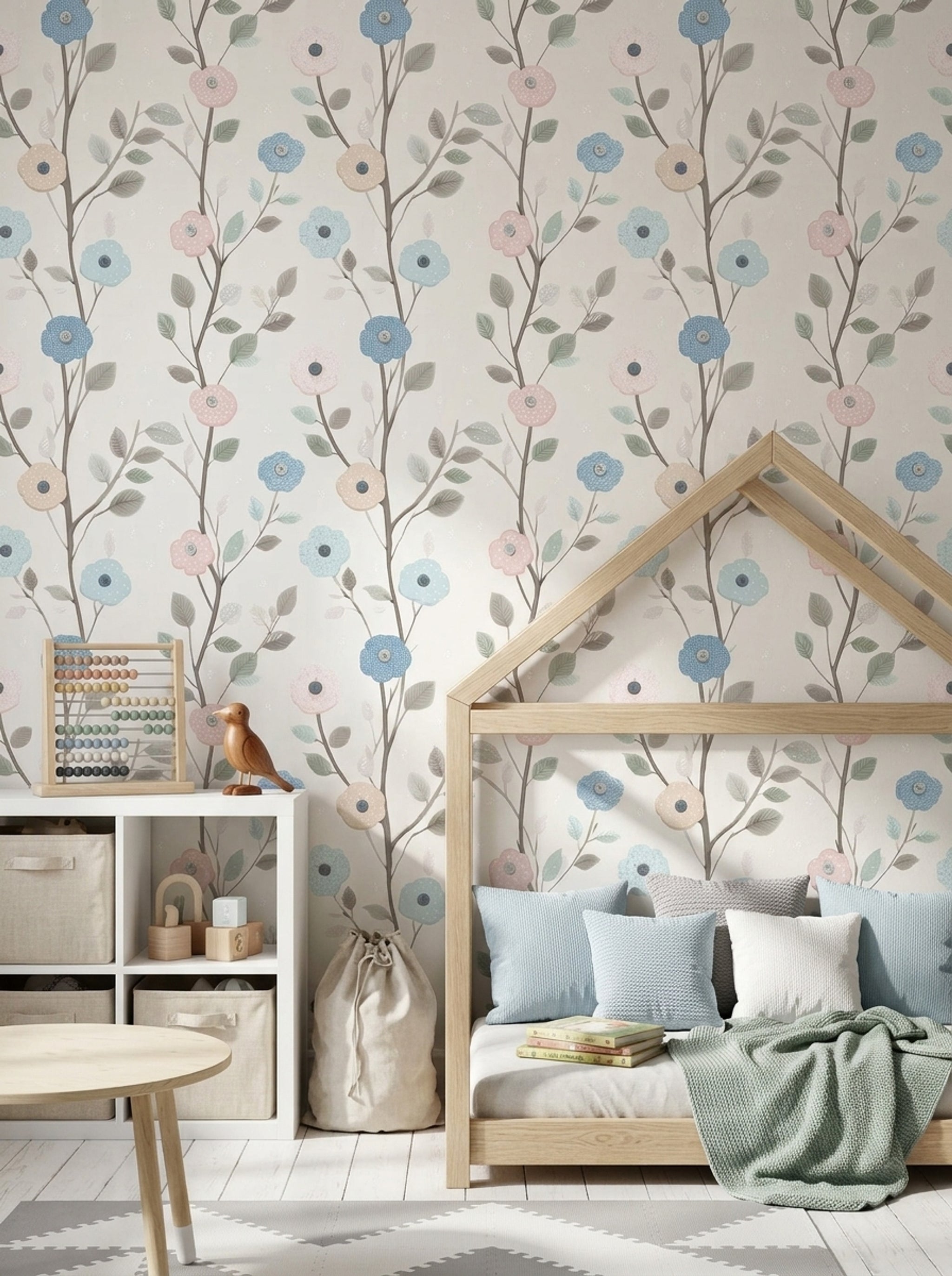 Pastel Floral Wallpaper Botanical Branches Cream Background Decorative Mural