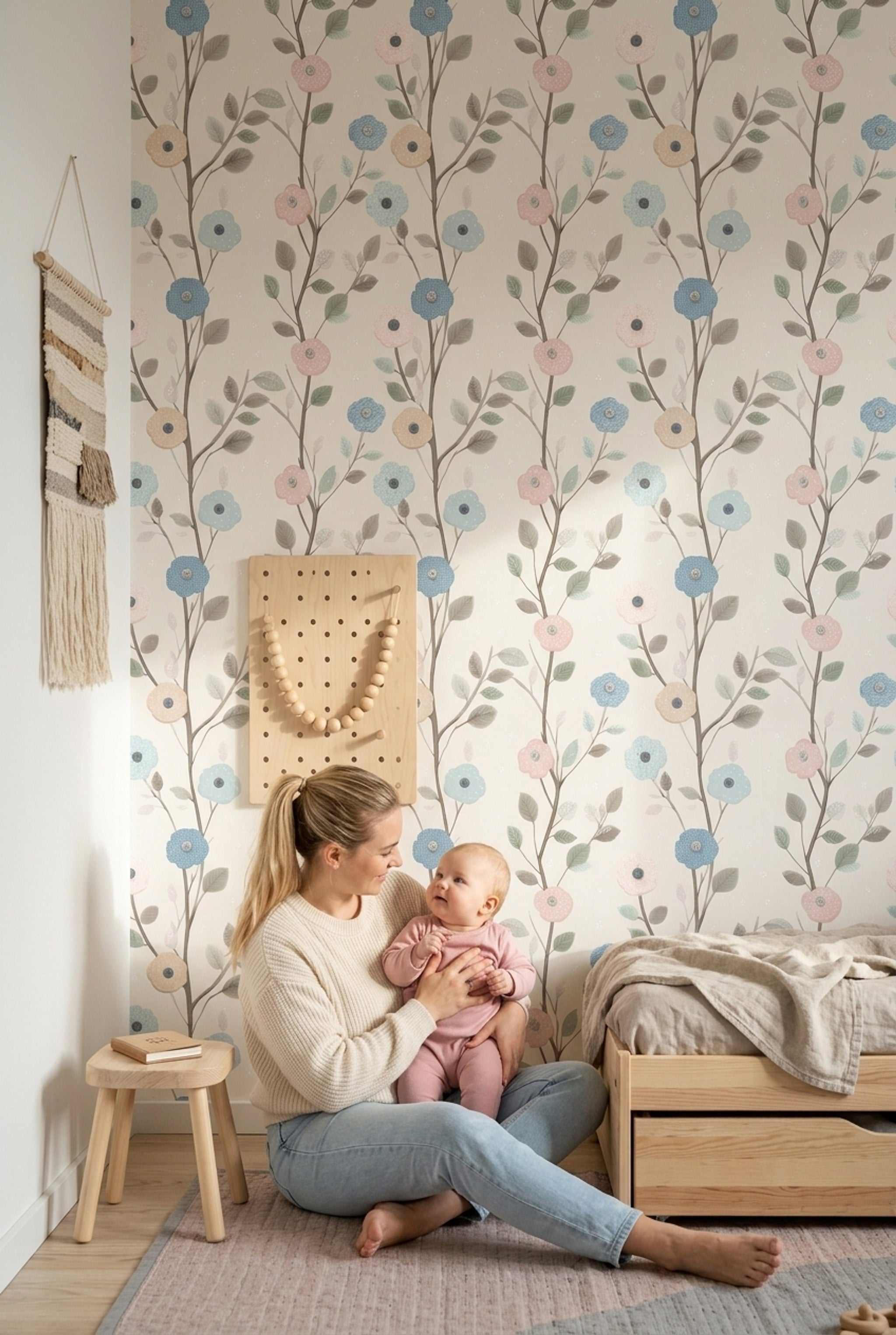 Pastel Floral Wallpaper Botanical Branches Cream Background Decorative Mural