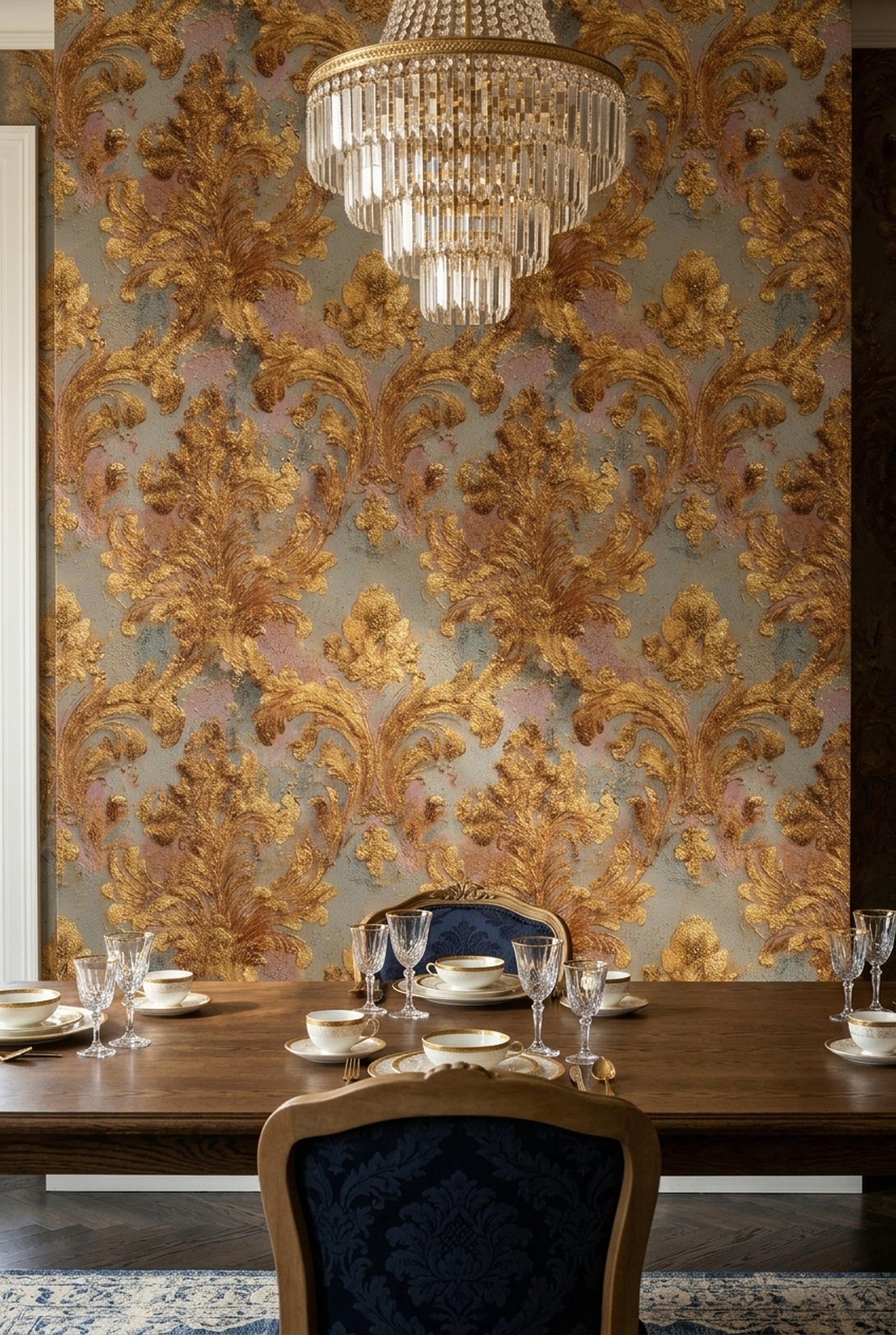Gold Damask Wallpaper Ornate Scrollwork Removable Acanthus Leaves Wall Double Roll