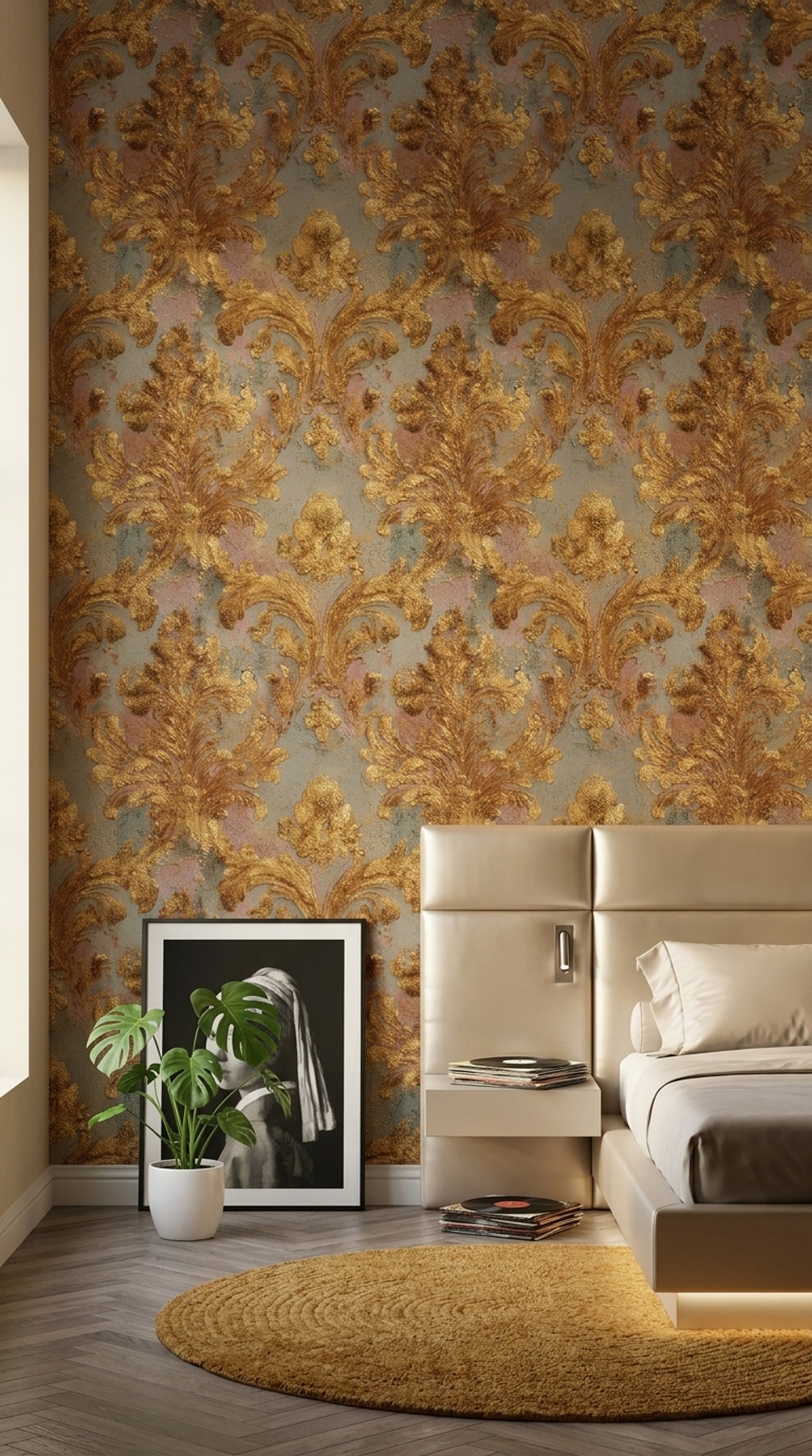 Gold Damask Wallpaper Ornate Scrollwork Removable Acanthus Leaves Wall Double Roll