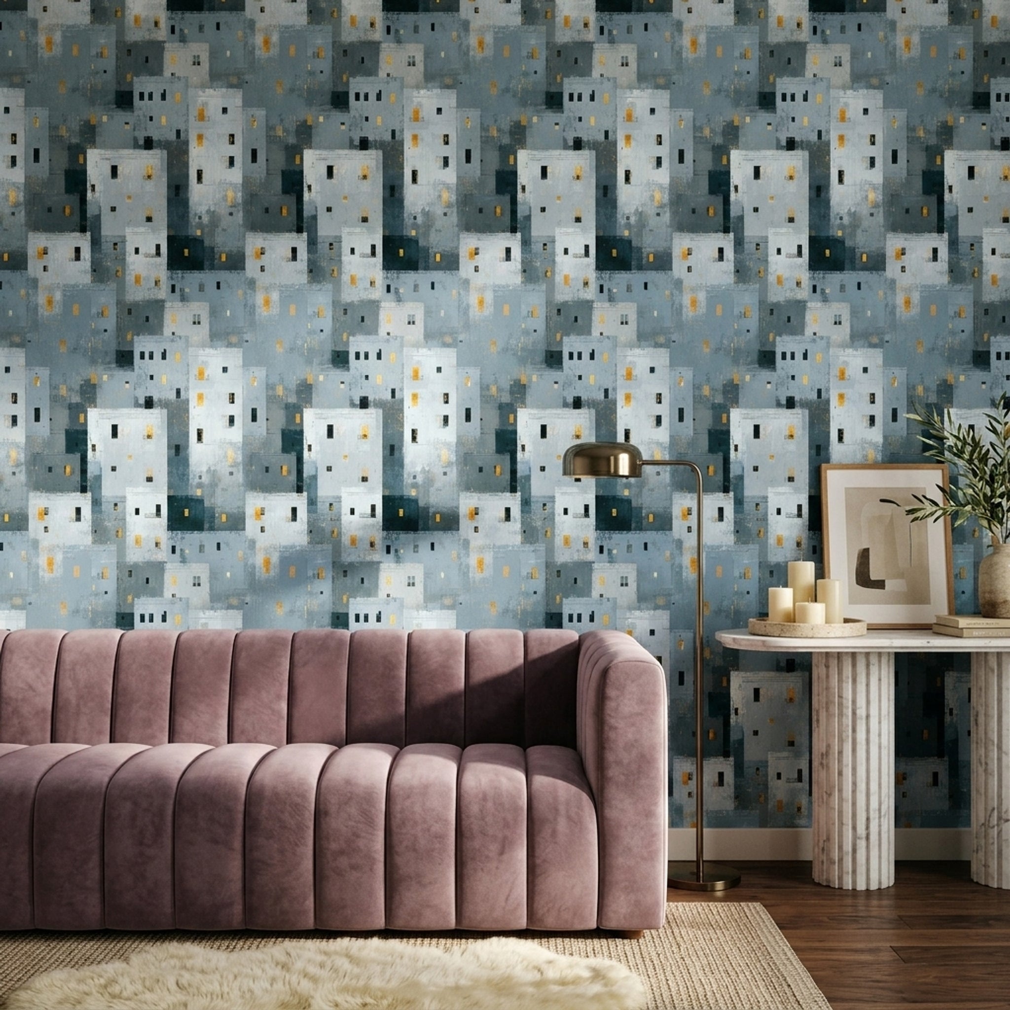 Abstract Cityscape Wallpaper Geometric Buildings Removable Modern Urban Wall Double Roll