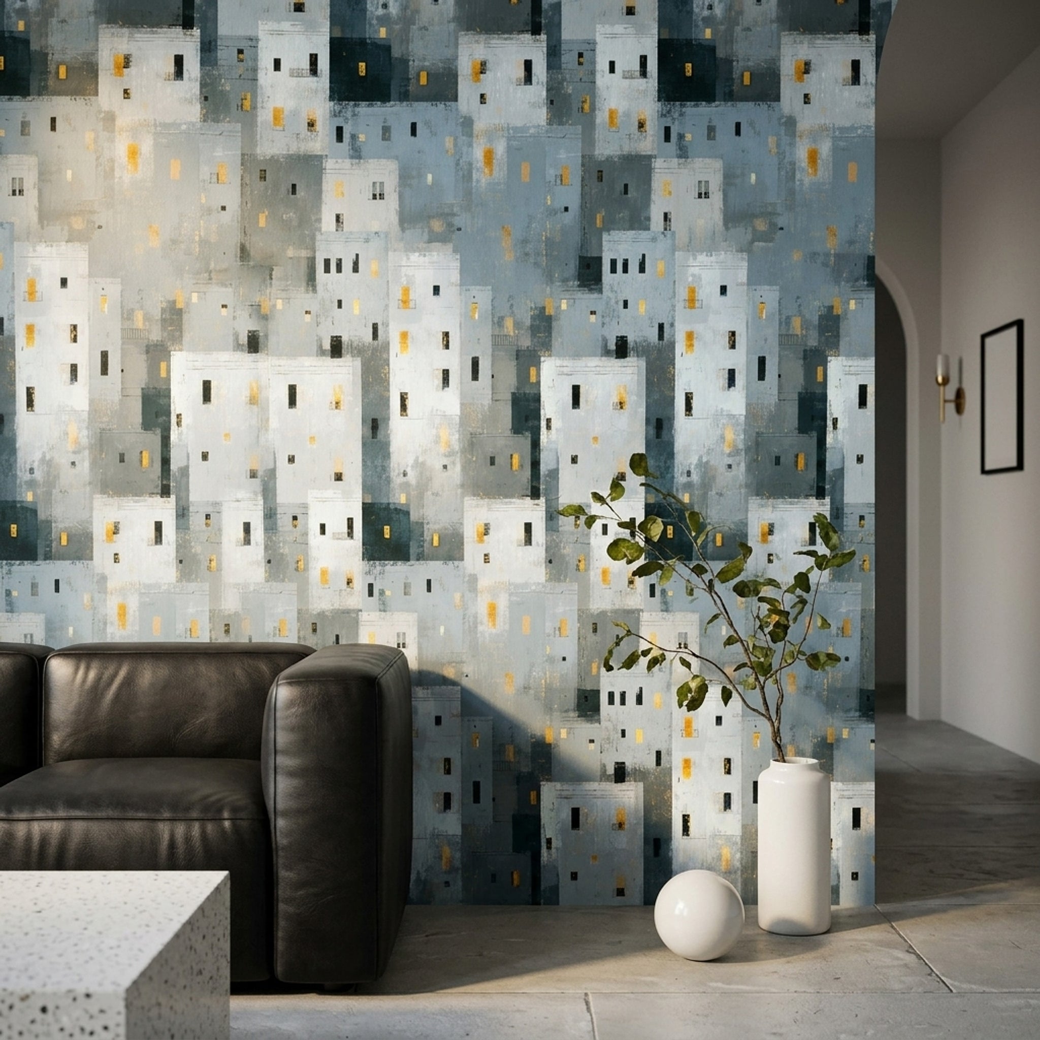 Abstract Cityscape Wallpaper Geometric Buildings Removable Modern Urban Wall Double Roll
