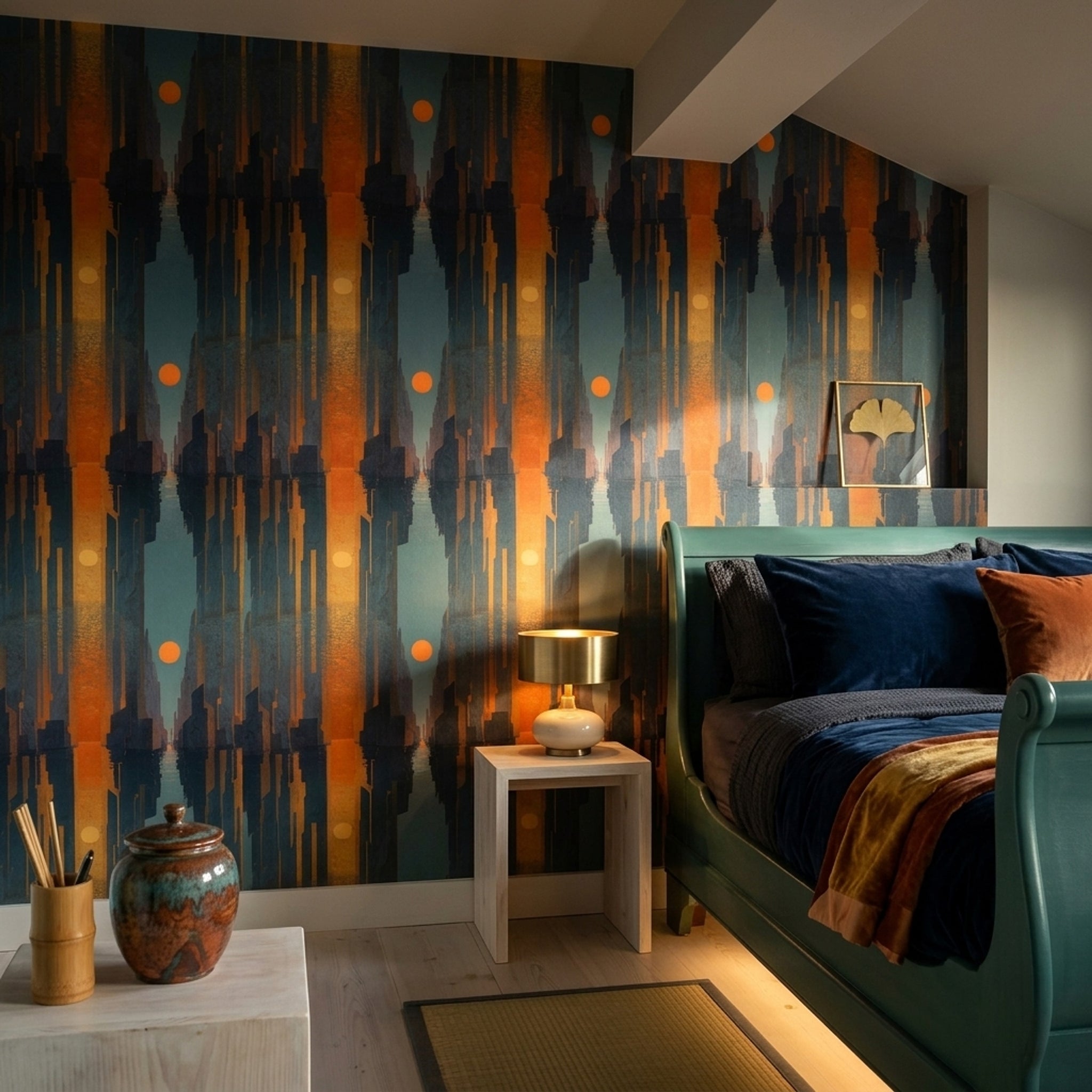 Abstract Geometric Cityscape Wallpaper Dark Navy Blue Orange Sun Decorative Mural